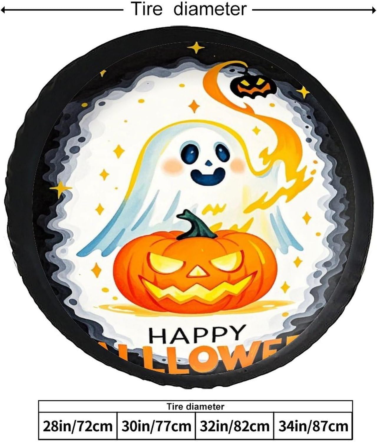 28"-34" Thickening Spare Tire Cover Cute Spirit Pumpkin Night Waterproof Leather Tire Wheel Cover for Trailer Jeep RV SUV