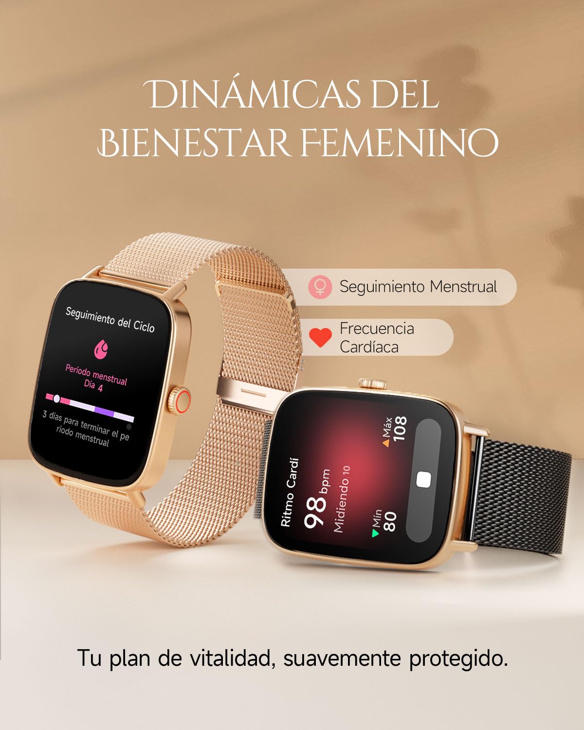 TOOBUR Reloj Inteligente de Moda para Mujer, IP68, Negro-Dorado