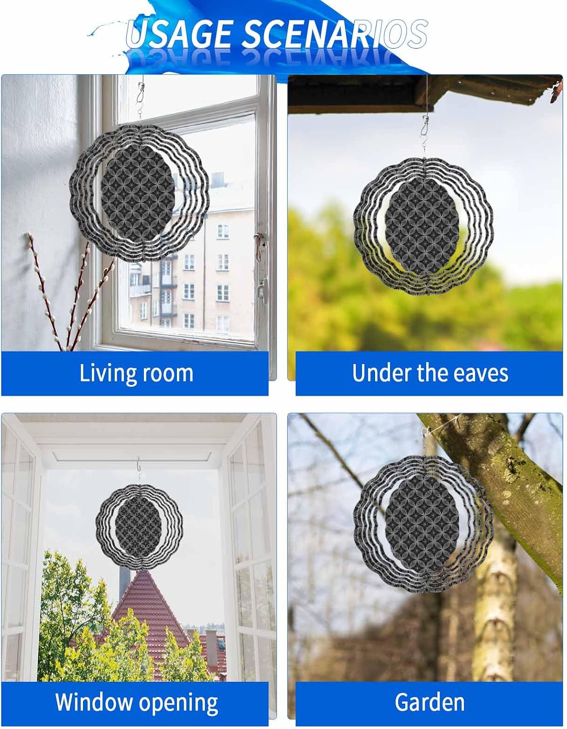 Abstract Wind Spinners, Modern Art Geometric Circle Gray Hanging Wind Spinners for Yard and Garden 3D Stainless Steel Metal Sculptures Crafts Ornaments 12 Inch