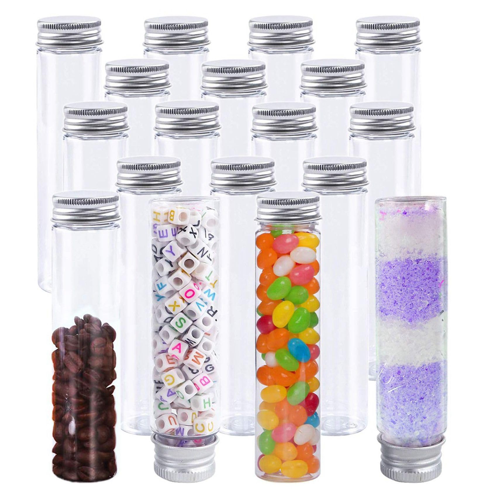 75 tubos de ensayo de plástico de 110 ml, planos, transparentes, tubos de ensayo de plástico con tapones y un tornillo para caramelos, frijoles, decoraciones para fiestas