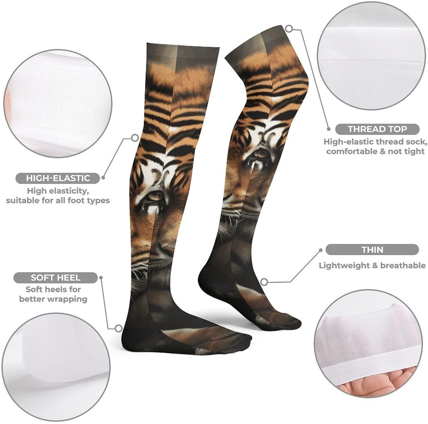 Wild Animals Tiger Knee High Stockings for Women 23.6" Breathable Thigh High Stockings Over The Knee Socks