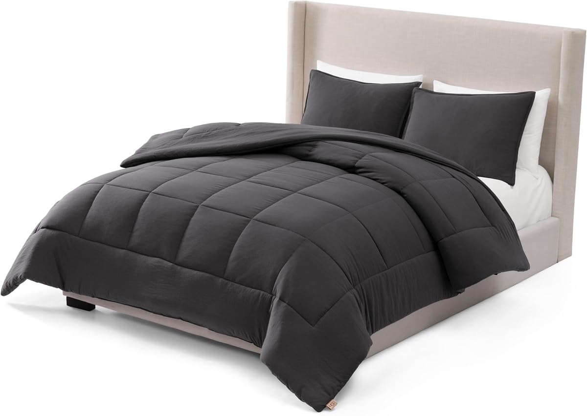 UGG Leonora Queen Comforter Set, Lightweight, 3-Piece, Charcoal Gray | Down-Alternative Fill, Box-Stitch Construction, OEKO-TEX Compliant, Machine Washable, Fits Full & Queen Beds, 2 Pillow Shams