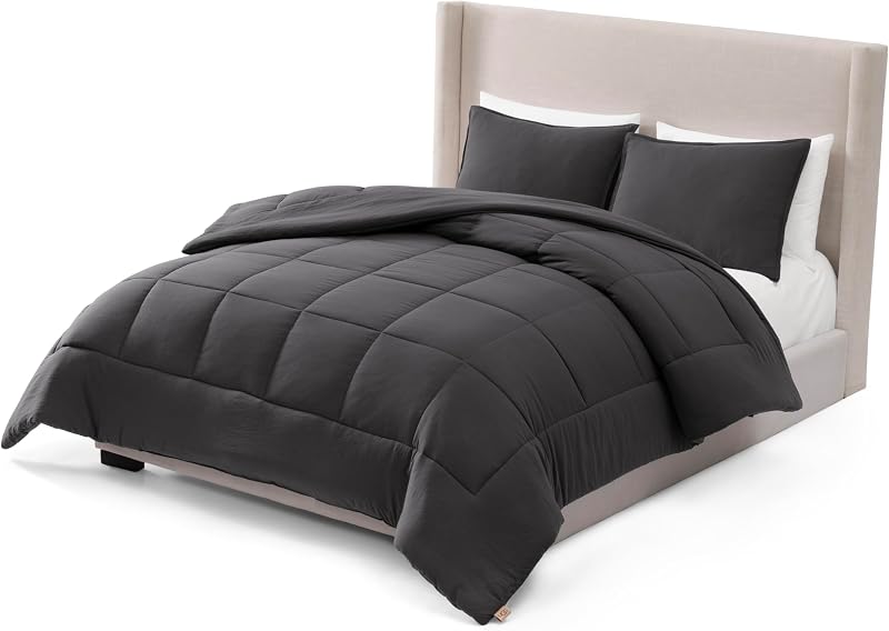 UGG Leonora Queen Comforter Set, Lightweight, 3-Piece, Charcoal Gray | Down-Alternative Fill, Box-Stitch Construction, OEKO-TEX Compliant, Machine Washable, Fits Full & Queen Beds, 2 Pillow Shams