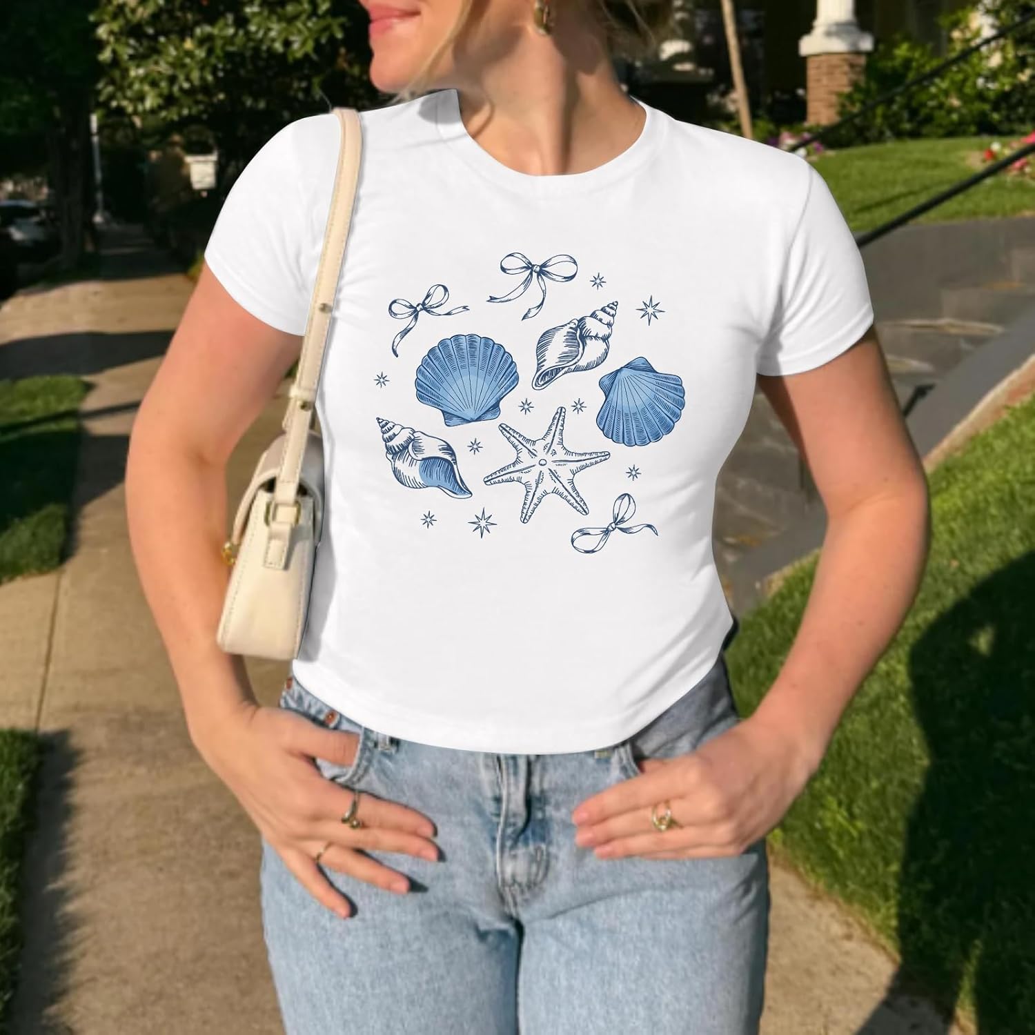 Graphic Baby Tees for Women Y2k Beach Bow Crop Top Shell Hawaiian Shirts Teen Girls Aesthetic Summer Cropped T Shirts - Image 4