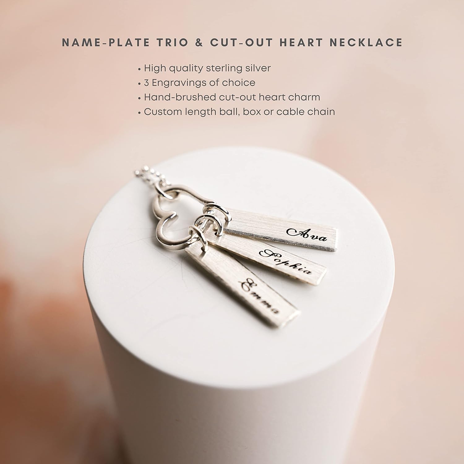 AJ's Collection Triple Bar Sterling Silver Personalized Necklace with Heart Charm. Includes 3 Customizable Charms and your Choice of Sterling Silver Chain. Gifts for Her, Mom, Wife