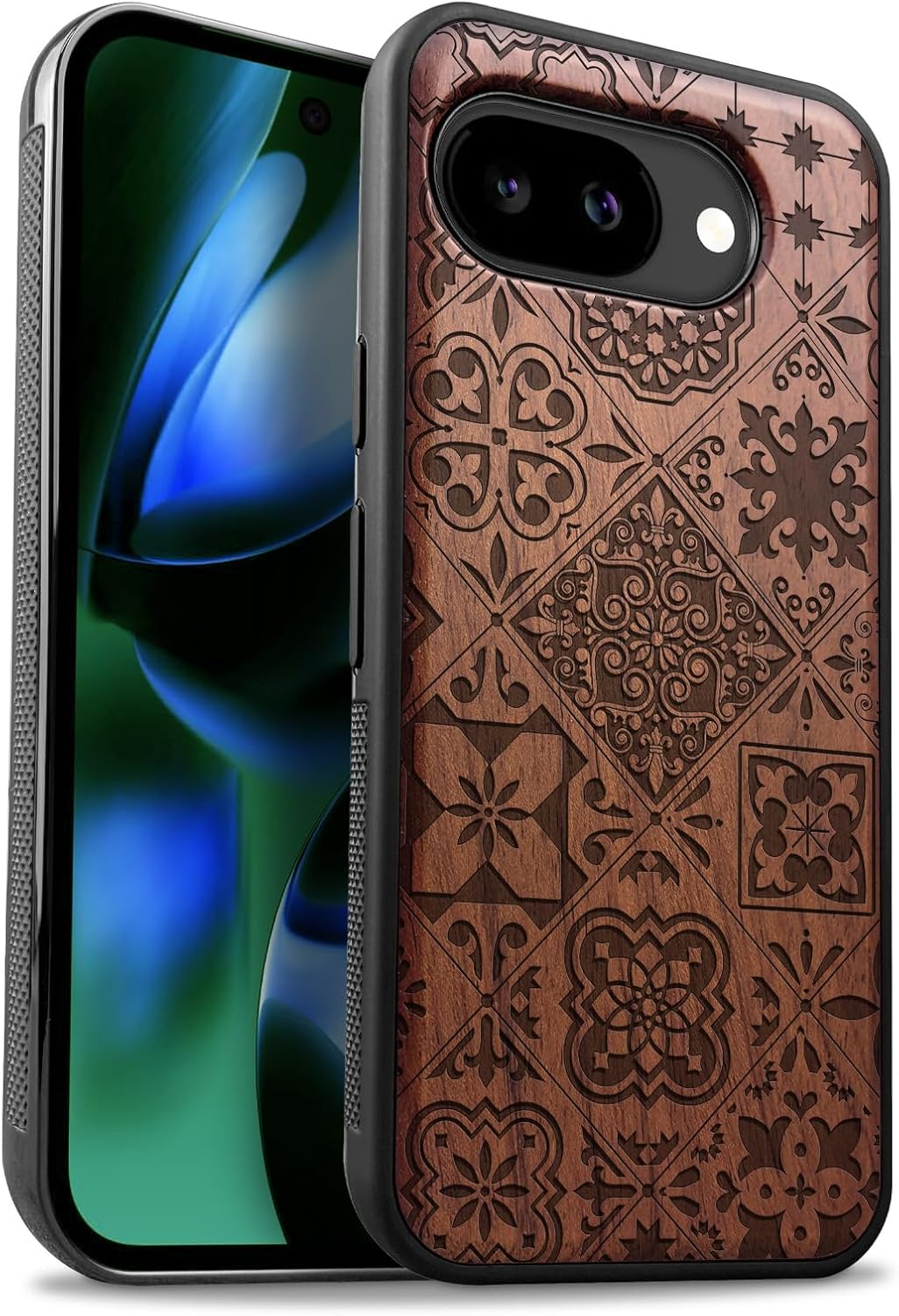 Carveit Magnetic Wooden Case for Google Pixel 10a Case, Wood Artisan Engraved & Soft TPU Shockproof Cover, Compatible with MagSafe Wireless Chargers (Tapestry of Moroccan Tiles) Rosy