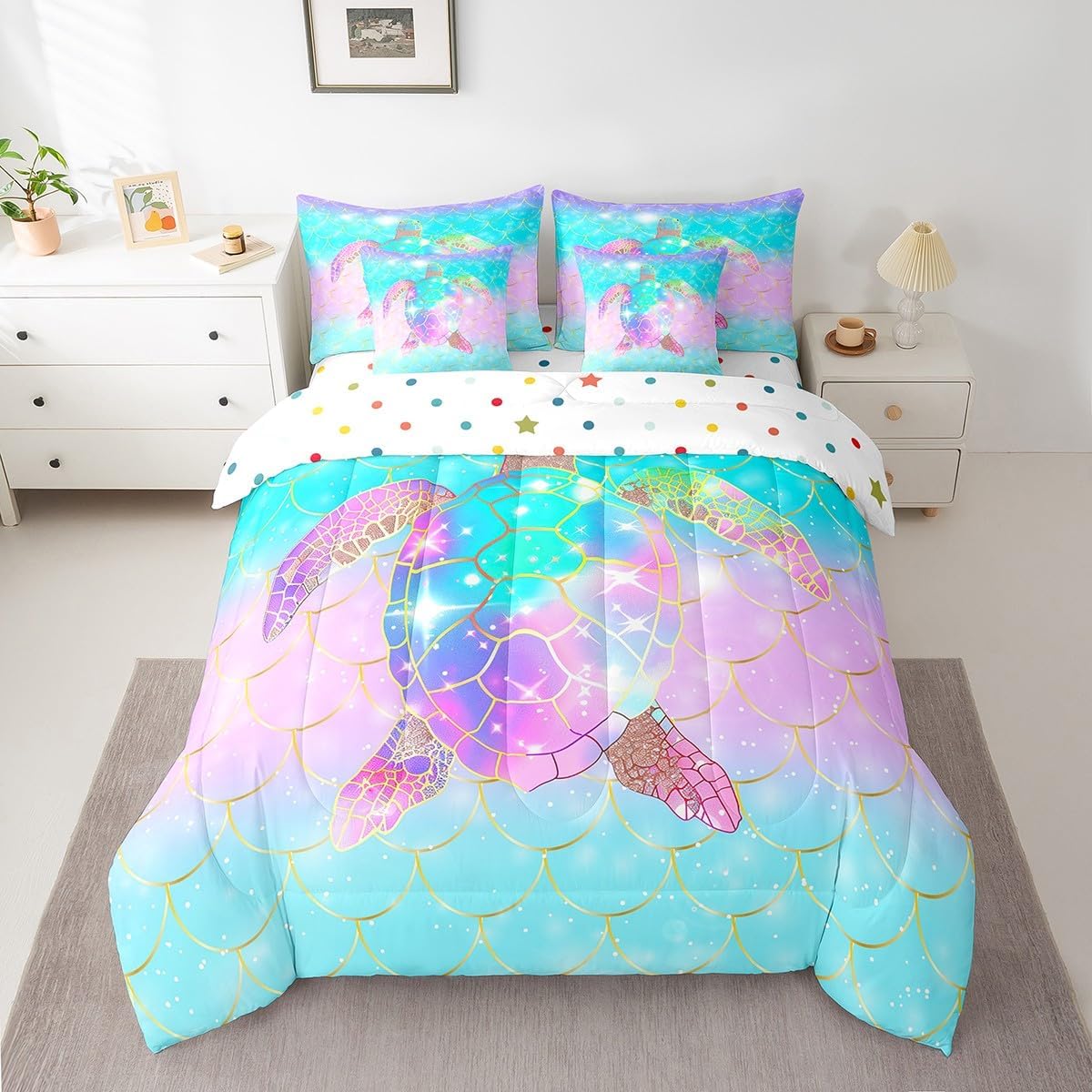 Erosebridal Tortoise Comforter Set - 7 Pieces Mermaid Scales Bedding Sets Queen Bed in A Bag Sea Turtle Reptile Comforter Kids Boys Women, Ocean Life Sheets, Pillowcases Teal Blue Throw Pillow Covers