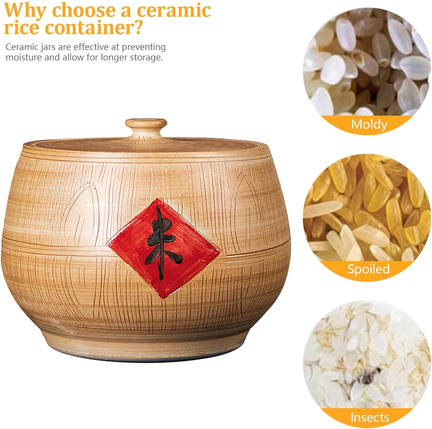Ceramic Rice Bucket with Lid, Ceramic Rice Storage Container, Household Airtight Storage Jars, Hand-carved Details, High-temperature Fired for Coffee, Sugar, Tea(15kg)