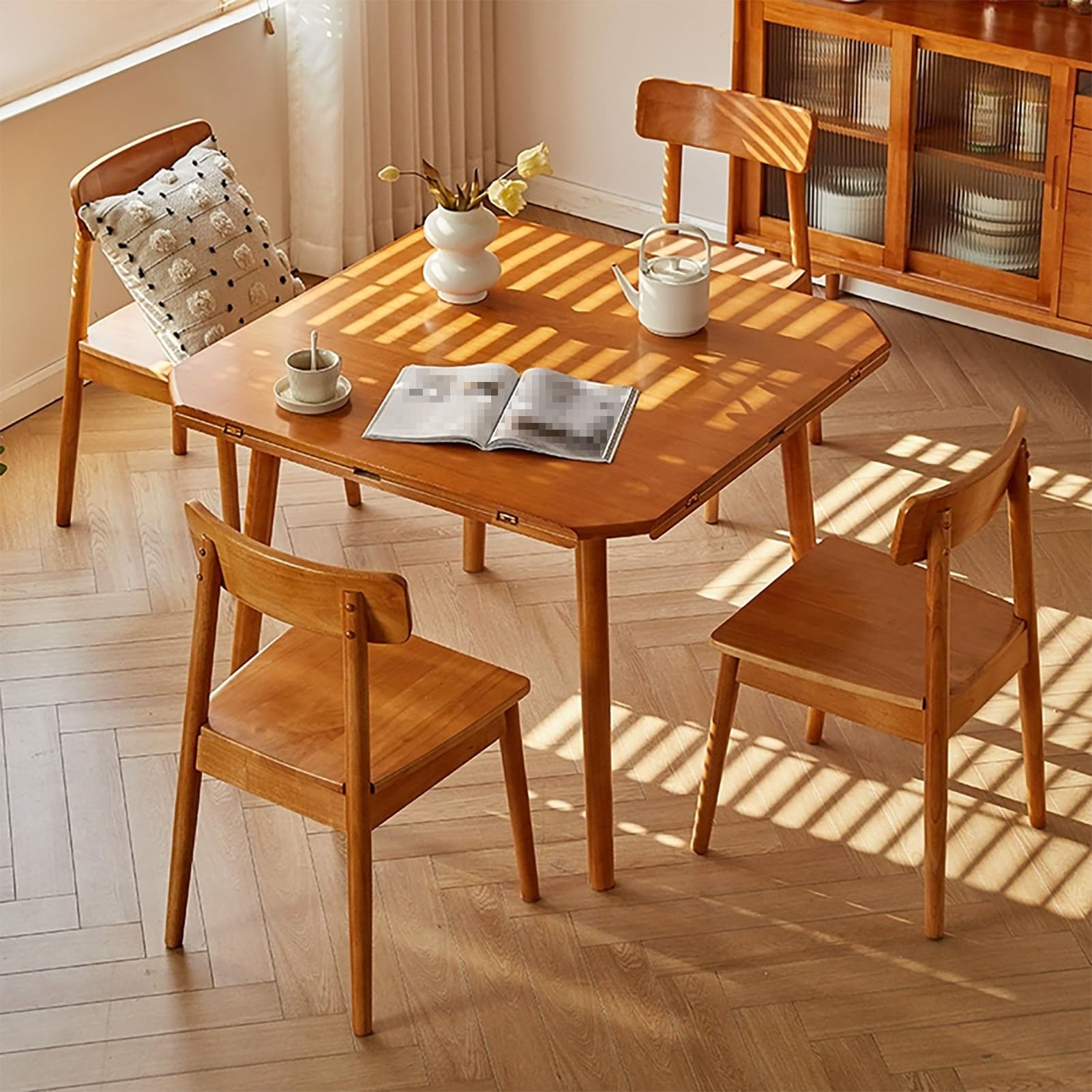 Tavolo da pranzo rotondo allungabile moderno in legno per piccoli spazi, tavolo da ricevimento per casa, ufficio, riunioni, tavolo da cucina regolabile con finitura naturale (130 cm)