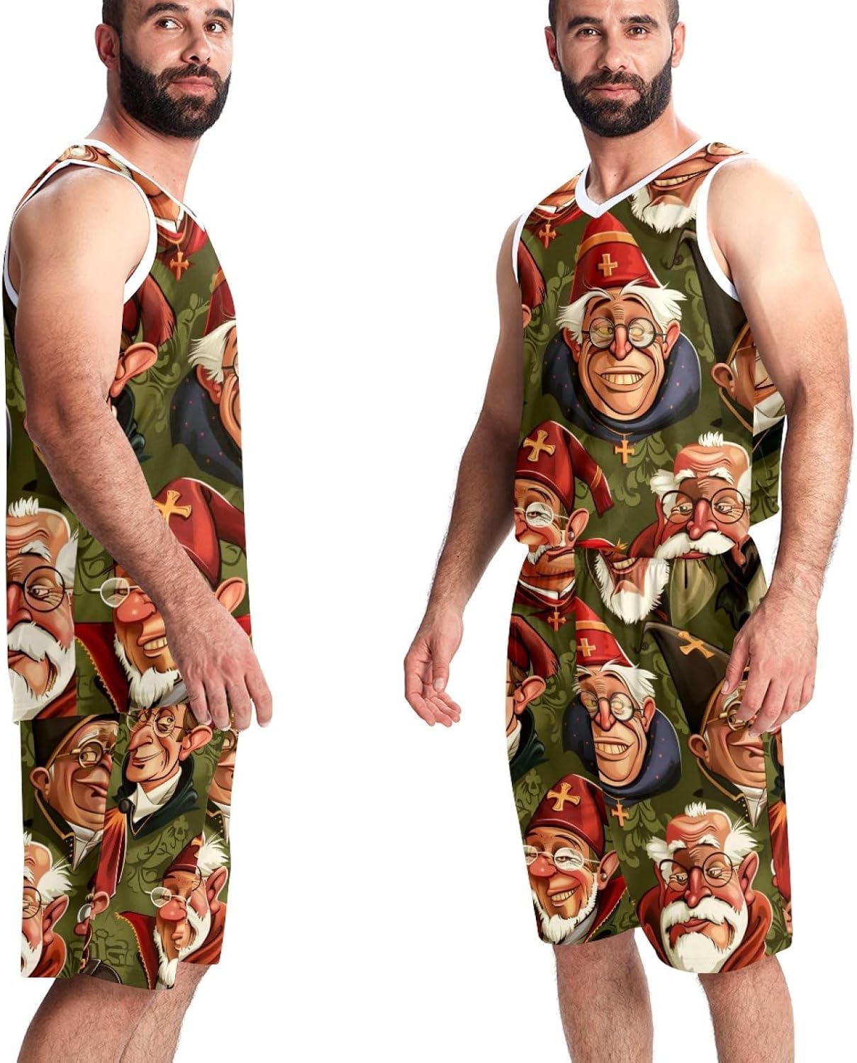 Men's Basketball Jersey Set Catholic Caricature Pattern Jersey Shorts with Pockets Sportswear for Men Adults Kids 5XL