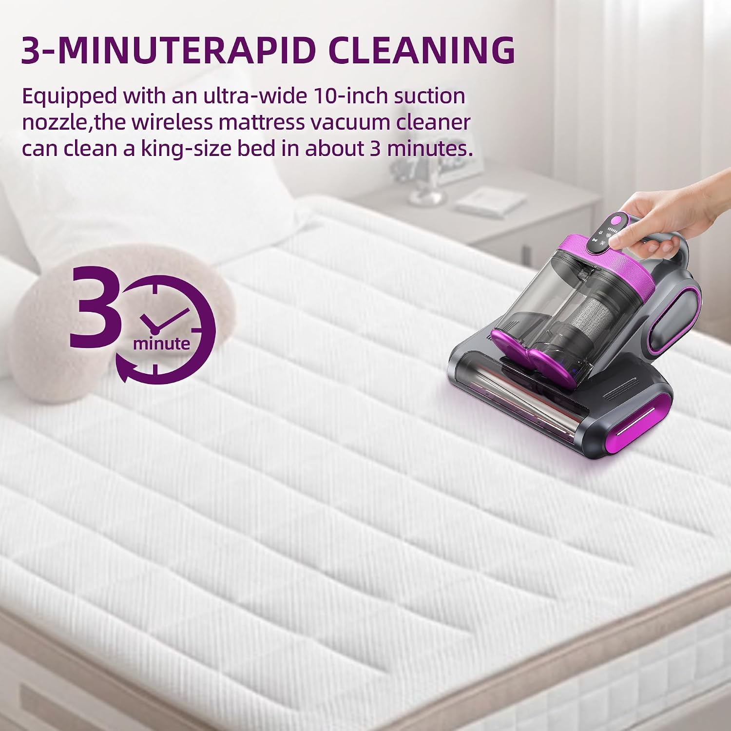 Cordless Mattress Vacuum Cleaner, 16Kpa Handheld Bed Vacuum with 253.7nm UV-C Light, Ultrasonic, Widened Suction, Low Noise, HEPA Filtration for Mattress Sofa Couch Pet Hair, Purple