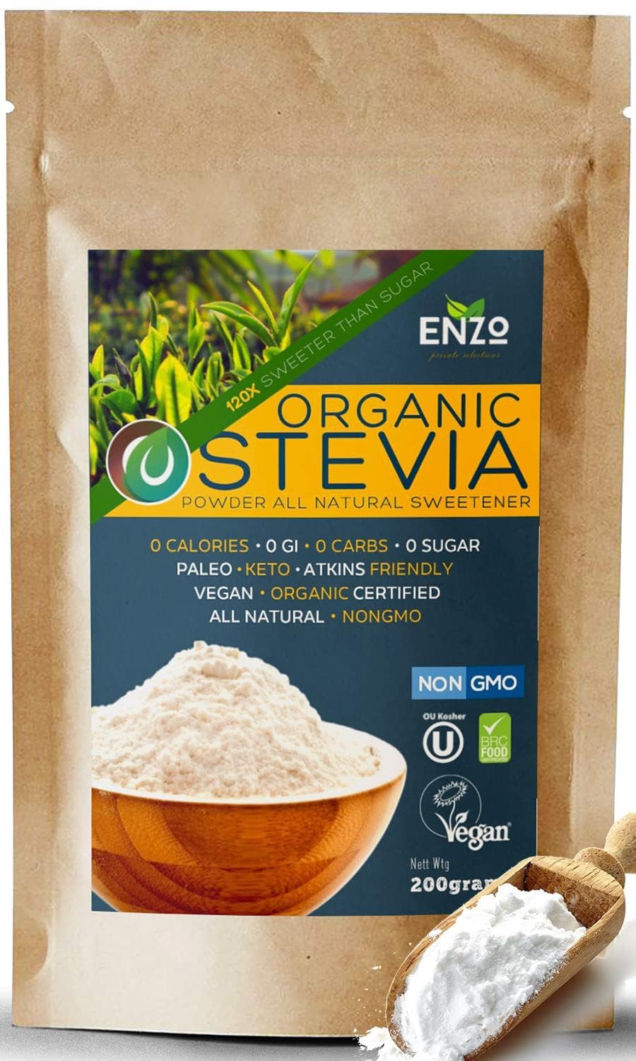Enzo Easy Use Organic Stevia Powder 200g (7.05oz / 1600 Servings) All Natural Alternative Sweetener 12 x Sweeter than Processed Sugar with No Artificial Additives & Fillers