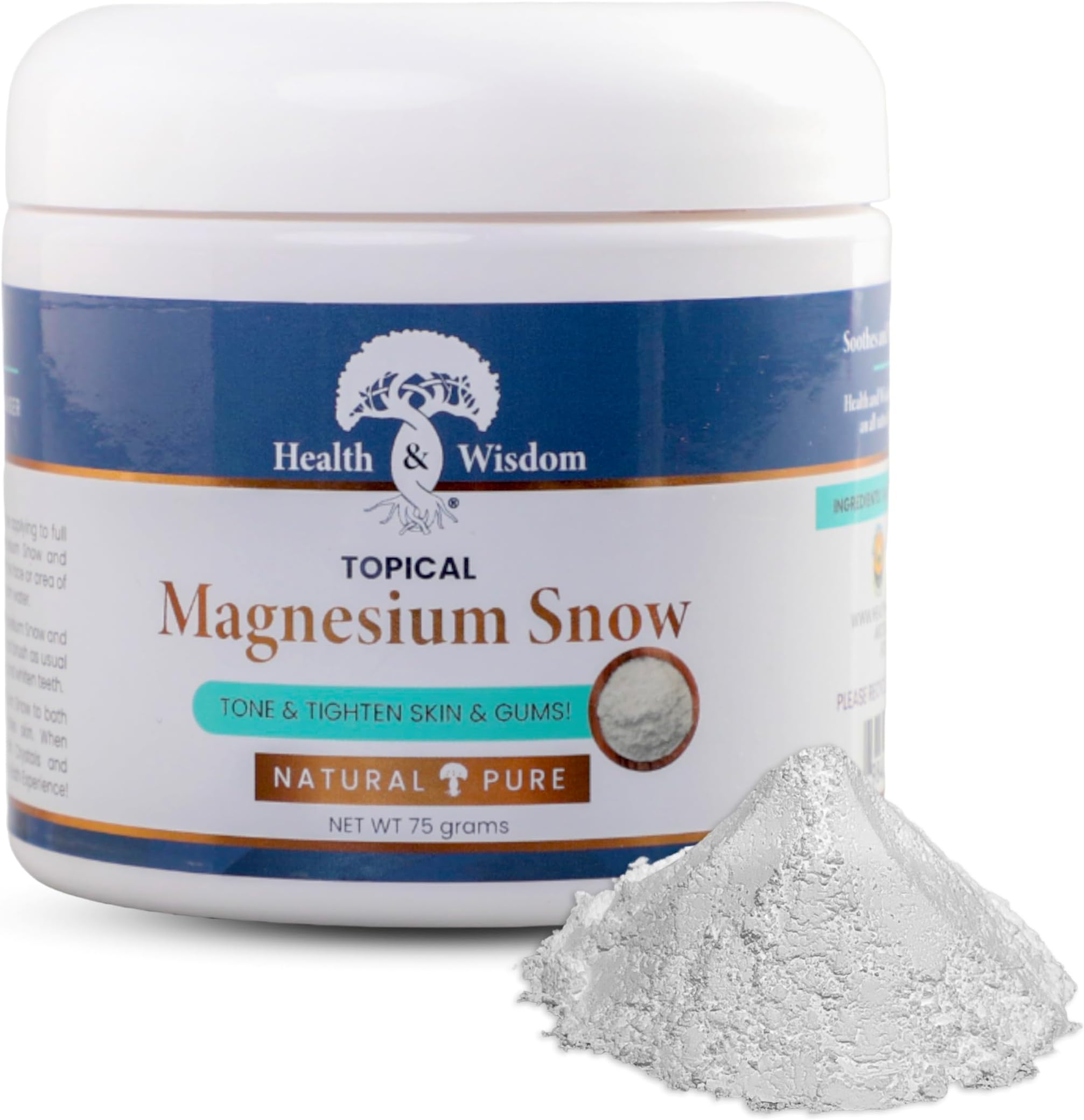 Health and Wisdom Magnesium Snow - Fine Magnesium Carbonate Powder for Face, Body and Oral Care - Enhanced Absorption to Tone, Smooth, and Tighten Skin - 2.65 oz