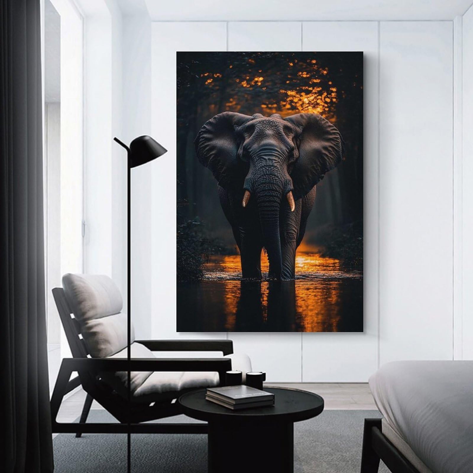 Junmoney Elephant in Water at Night Decorative Canvas Print, 16x24inch(40x60cm), for Hallway, Bedroom Or Modern Interiors, Gift Idea for Housewarming And Birthdays