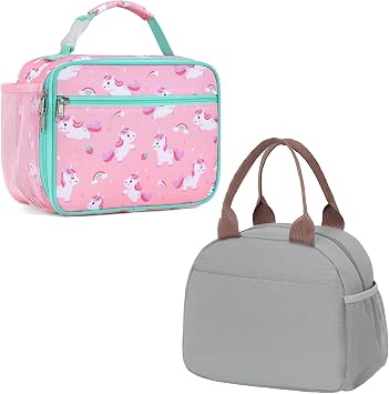 Bagseri Kids & Adults Lunch Bag - Insulated Reusable Lunch Box for Boys, Men & Women - Leakproof Thermal Cooler for School, Work & Picnic Pink Cute Unicorn + Grey