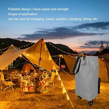 Foldable Shopping Cart Bag with Wheels, Large Capacity Reusable Grocery Tote, Heavy Duty Oxford Fabric Rolling Bag with Zipper Closure for Supermarket, Travel and Laundry (Grey)