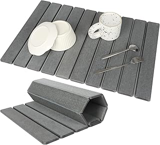 Large Stone Dish Drying Mat for Kitchen Counter, Eco-friendly, Instant Drying Pad,Diatomaceous Earth Water Absorbing Mat, Foldable and Super Absorbent Dish Drying Stone Mat, 24"×16", Dark Gray