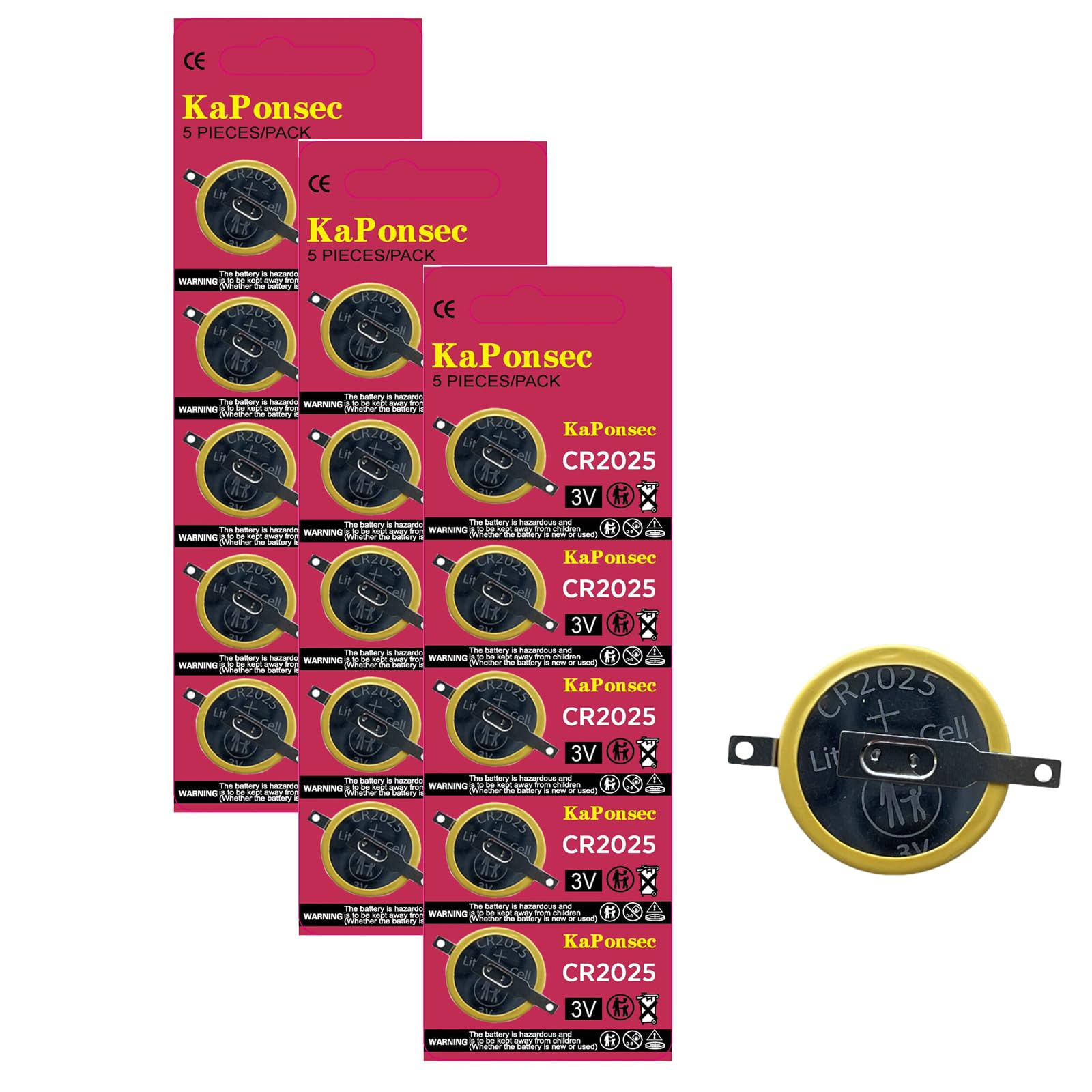 KAPONSE 15PACKS Tabbed CR2025 3V Lithium Battery with Solder Tabs Replacement Battery Gameboy