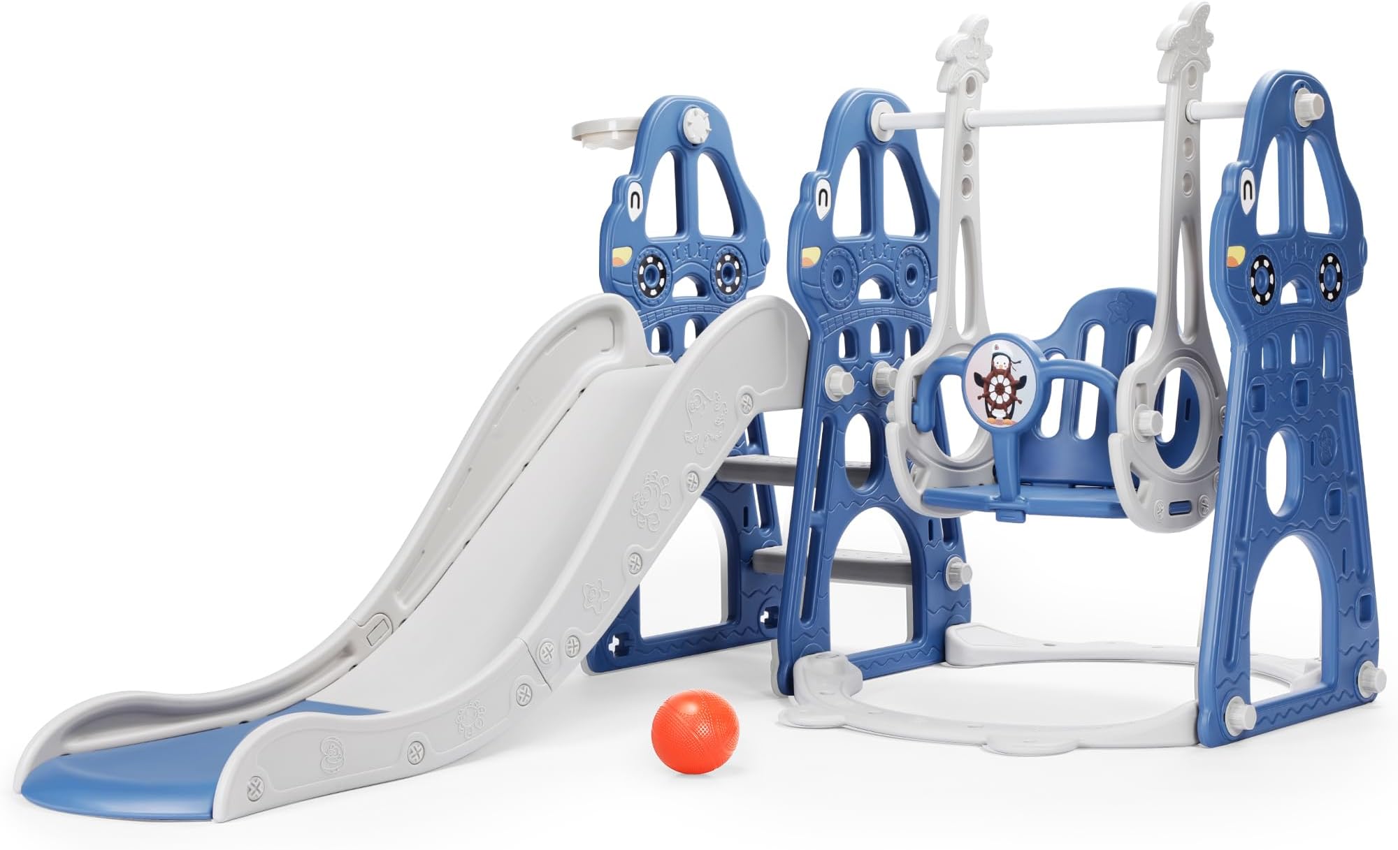Rengue 4 in 1 Toddler Swing and Slide Set for Age 1-6 Indoor Playground for Children Baby Swing Set with Slide, Climber, Basketball Hoop and Long Slide for Boys and Girls Blue