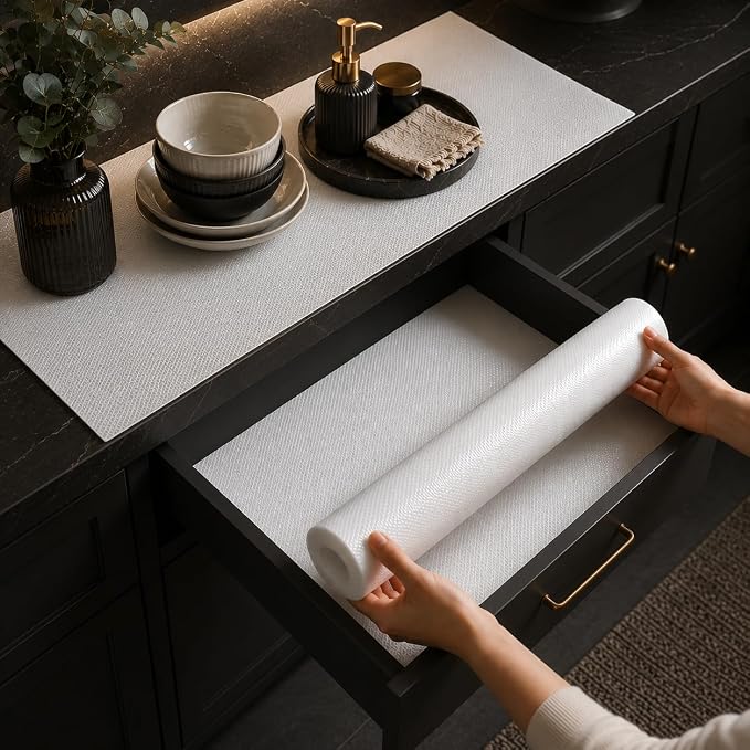 DEVAR Kitchen Shelf Liner Roll for Fridge Drawer Cabinet, Anti Slip Waterproof Washable Mat for Refrigerator Shelves and Kitchen Storage, Cut to Size Multipurpose Cupboard Rack Protector Liner White