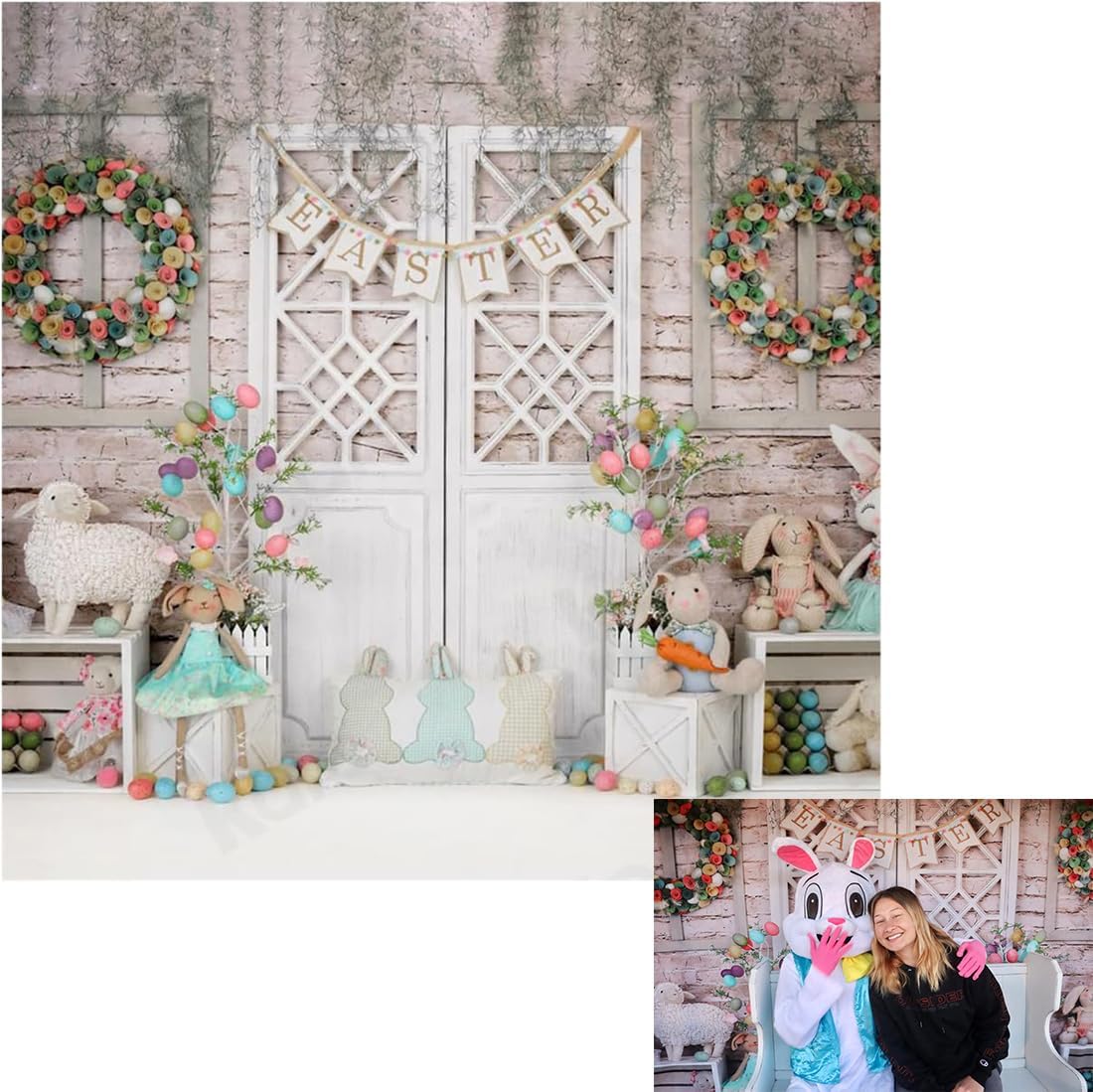 Kate 8x8ft Happy Easter Day Photography Backdrops Colorful Eggs Cute Rabbit Toy Photographic Background Retro Wall White Door Baby Shower Newborn Shooting Backdrop