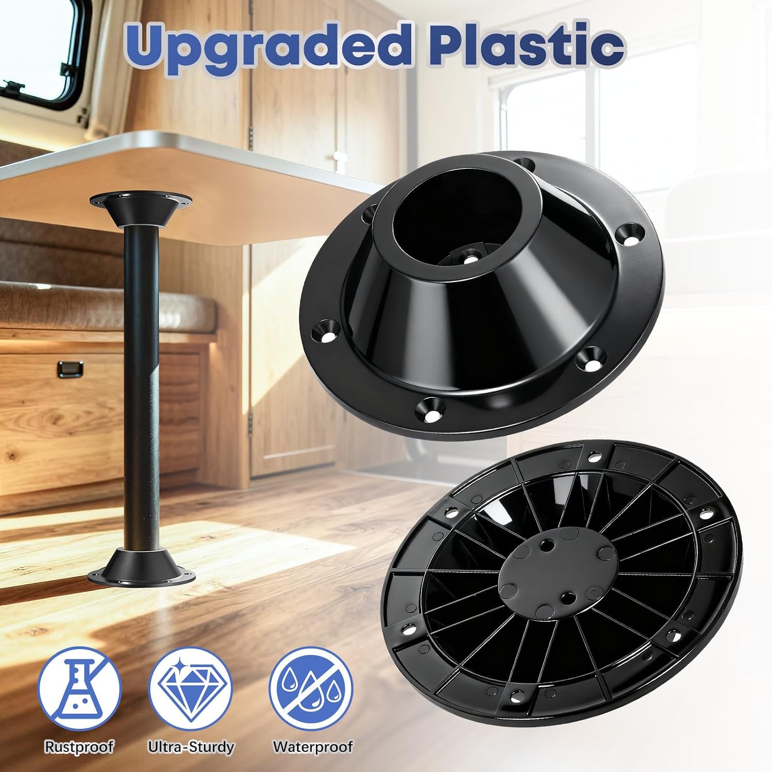 2 PCS Ultra-Sturdy RV Table Base Mount, Premium Plastic Camper Table Leg Replacement Base with Stainless Steel Mounting Screws, Black