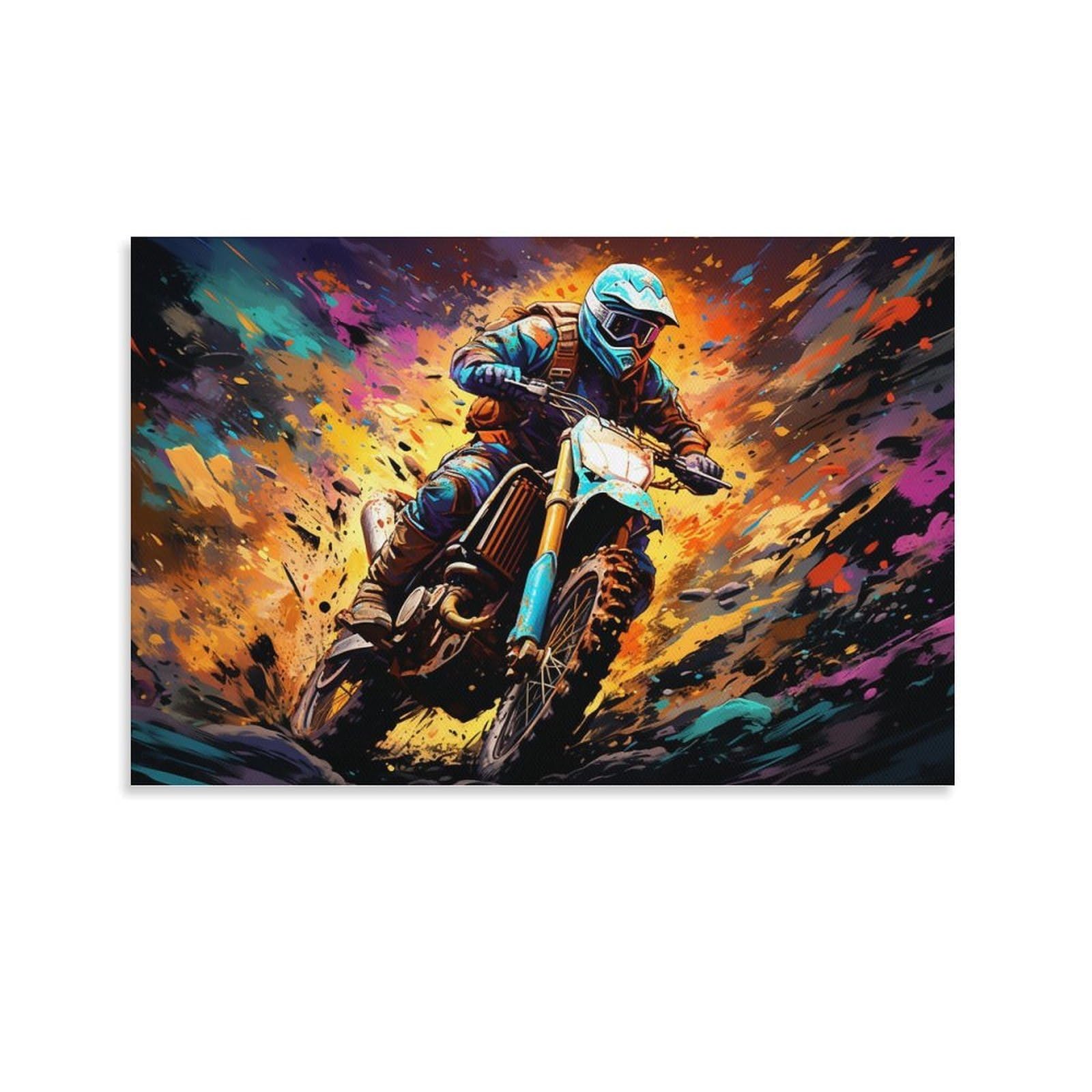 CPLVKWRQJ Bright Magical Colorful Individual Motocross Rider Color Burst Canvas Print - Bedroom Canvas Painting Easy to Clean Statement Piece Decor 08x12inch(20x30cm)