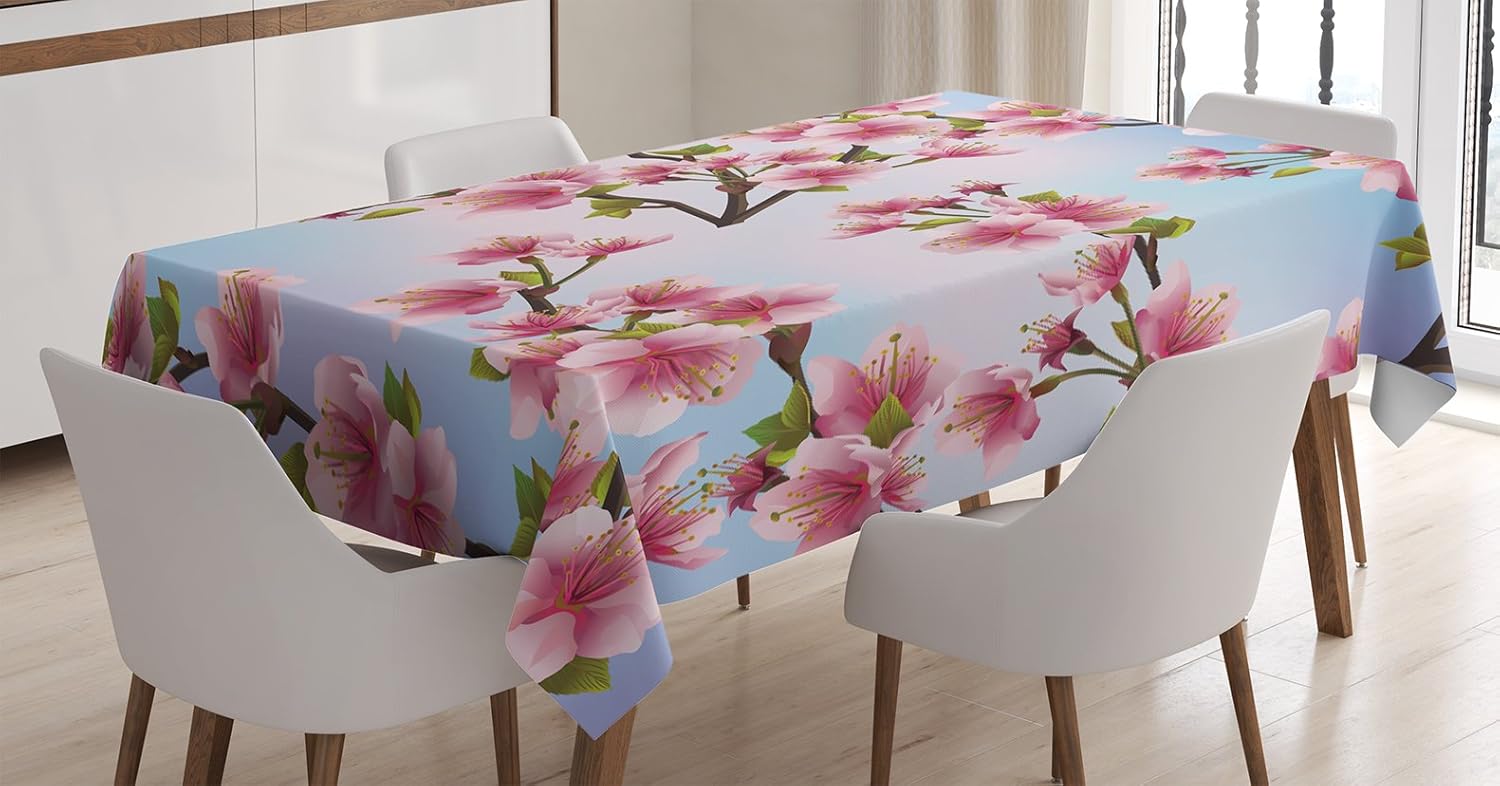 Ambesonne Japanese Tablecloth, Fresh Sakura Petals on a Vivid Sunny Weather Day with Pink Blossoms Spring Theme, Rectangular Table Cover for Dining Room Kitchen Decor, 60" X 90", Magenta Blue 60" X 90" Magenta Blue