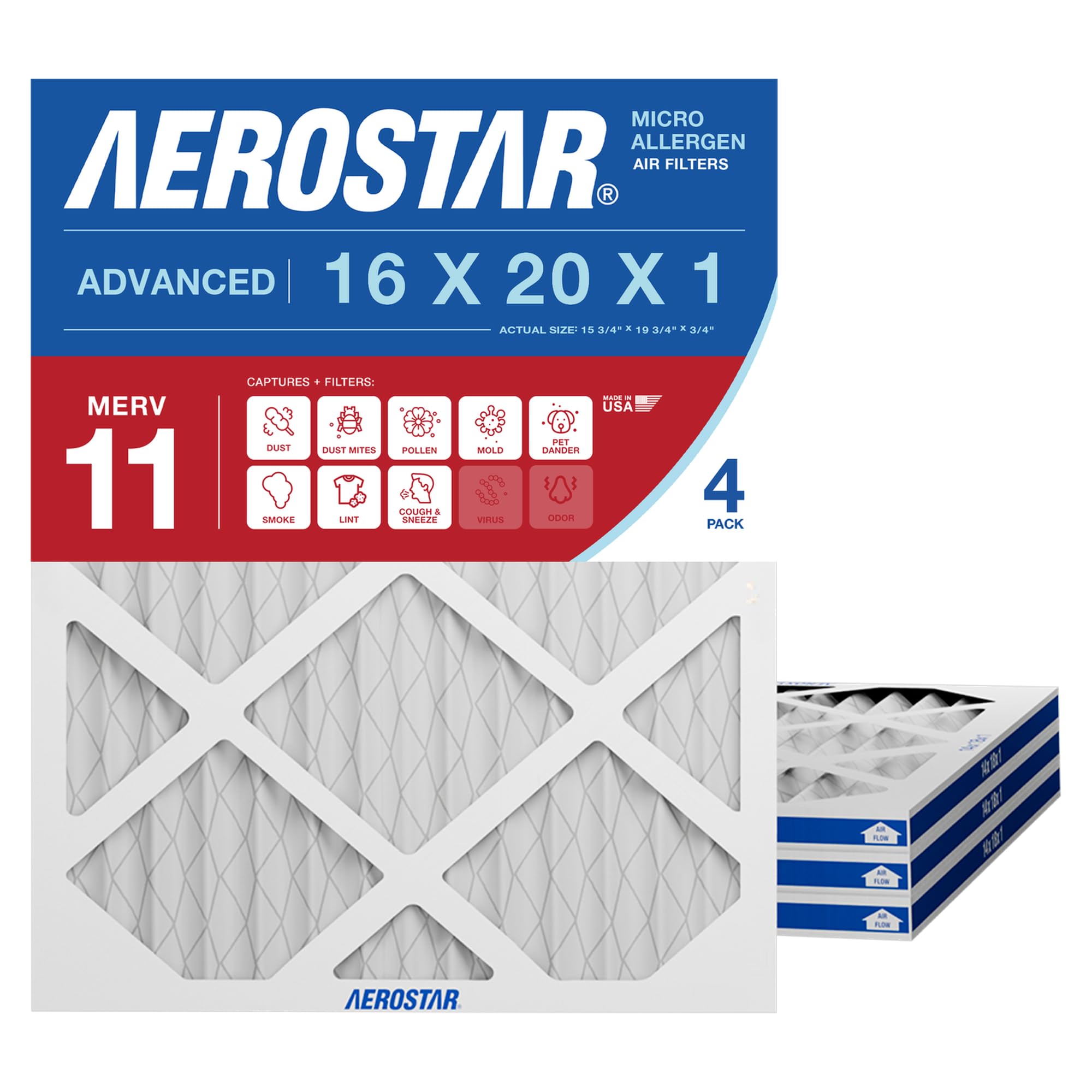 Aerostar Allergen & Pet Dander 16x20x1 MERV 11 Pleated Air Filter, Made in The USA, (Actual Size: 15 3/4"x19 3/4"x3/4"), 4-Pack