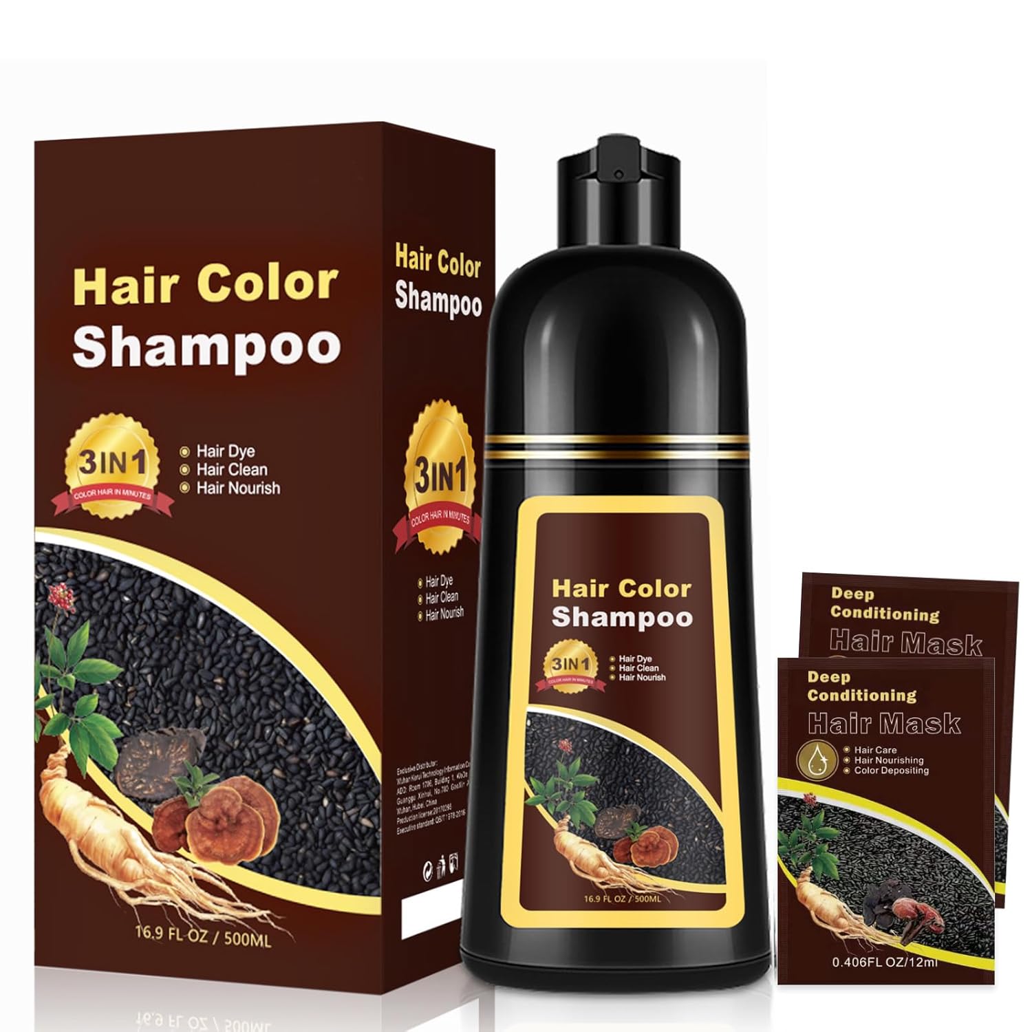 Hair Dye Shampoo 3 in 1 for Women Men, Rich Root-to-Tip Coloring with Natural Extracts, 3-4 Weeks Lasting Smooth Shiny Finish, Easy Home Use for All Hair Types 16.9 fl oz (Chestnut Brown)