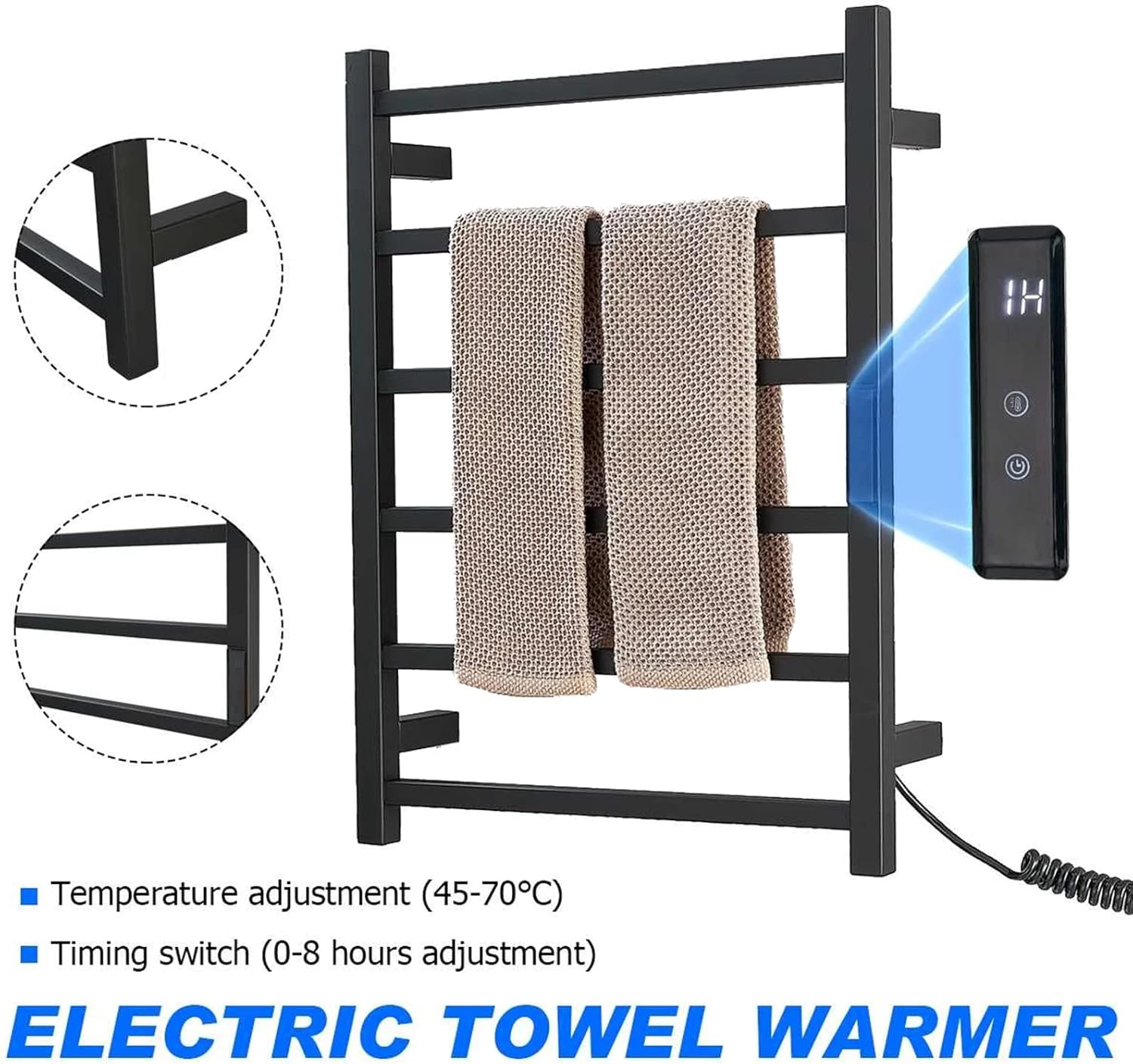 /Black Electric Heated Towel Rack, Stainless Steel Smart Heated Towel Rail Radiator with Temperature &Time Control, Wall Mounted Bathroom, 80W (Black Plug in)