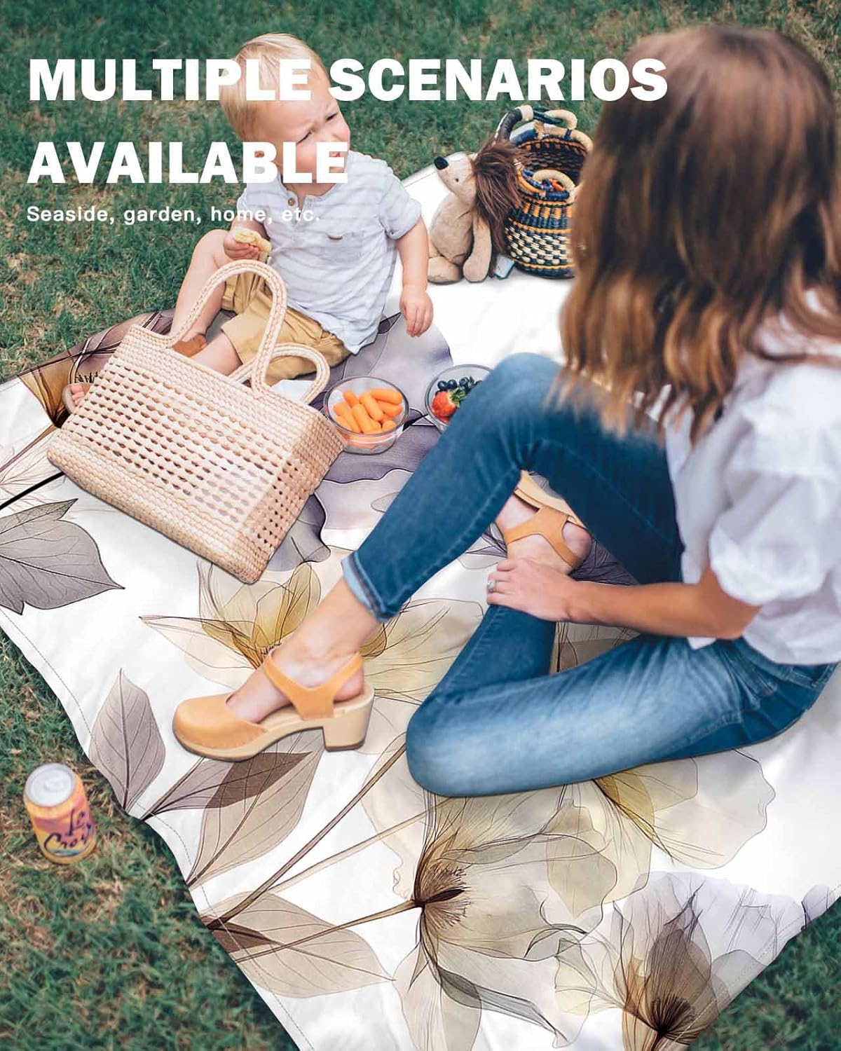 Abstract Blossom Floral on White Beach Blanket Waterproof Sandproof Outdoor Picnic Mat 83"x79" Watercolor Garden Flower Texture Lightweight Large Beach Blankets with 4 Stake & 4 Corner Pockets