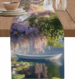 DecorLovee Forest Flowers Table Runners 90 Inches Long, Pink Green Oil Painting Lake Boat Cabin Farmhouse Table Runner Dress Scarves, Decorative Coffee Tablerunner for Kitchen Island/Party 13"x90"