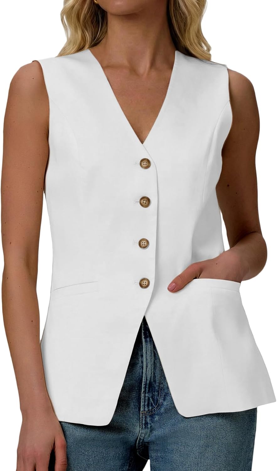 Mina Self 2026 Summer Women's Linen Sleeveless Vest Tops Blazer - Lightweight Fully V-Neck Casual Trendy Work Jacket Pockets
