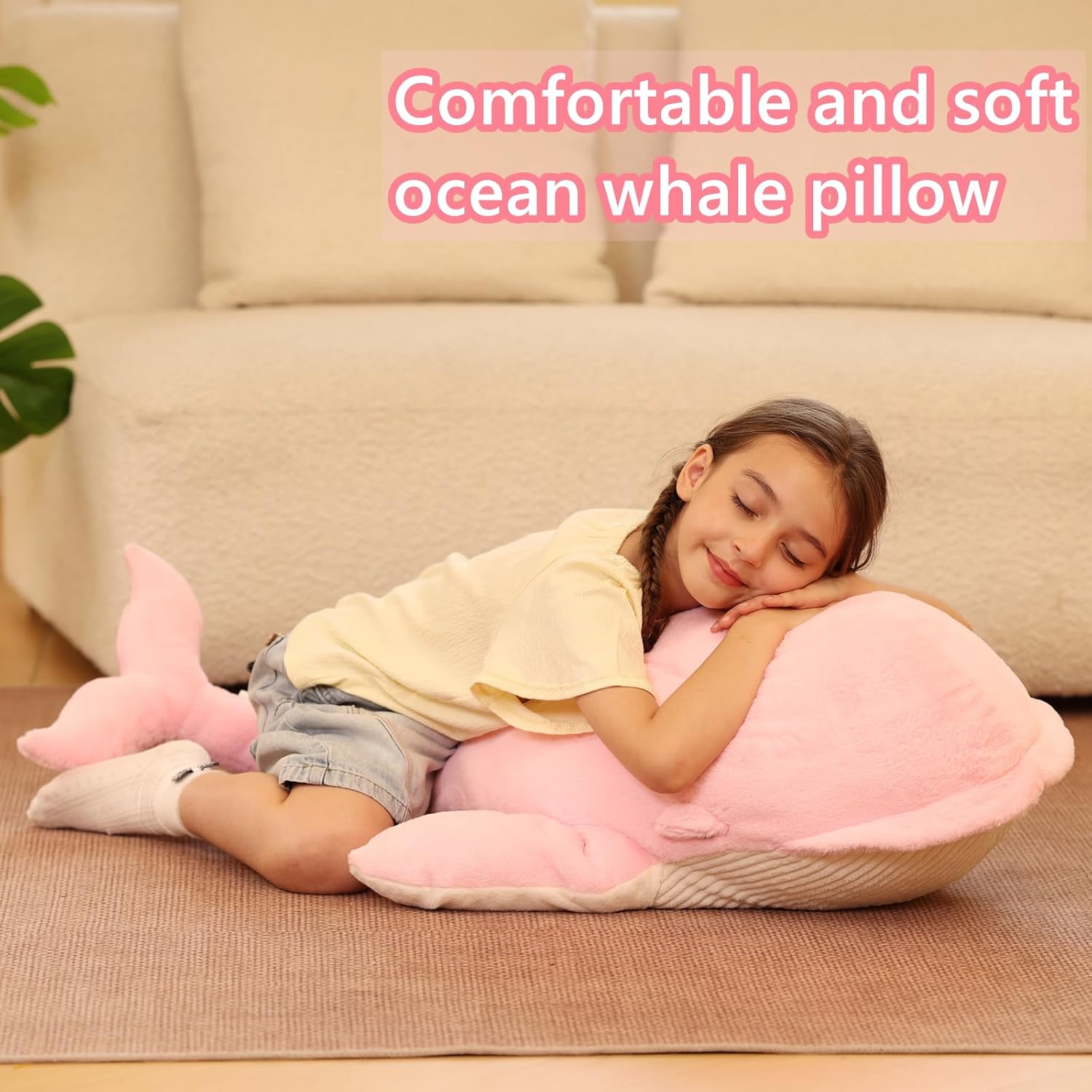 Tezituor 43.3 inch Giant Whale Stuffed Animals, Hugging Soft Pink Whale Plush Body Pillow for Girls Women, 4ft Life-Size Ocean Sealife Plush Gift for Christmas Birthday