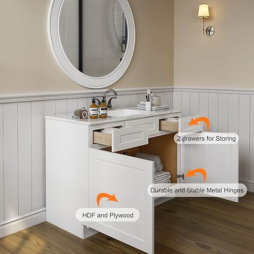 Miniatura 4 de LOVMOR VSD36 - Armario de 36 pulgadas con puertas de cierre suave y 2 cajones de almacenamiento, madera contrachapada, de pie único, para lavadero,