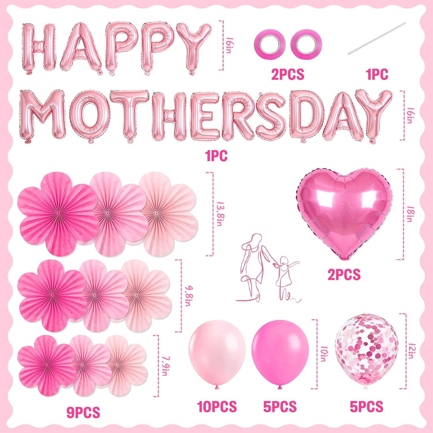 Happy Mother's Day Balloons Set, Pink Mothers Day Decorations Banner with Letter Balloon, Mother's Day Party Backdrop Paper Fans for Women image 2
