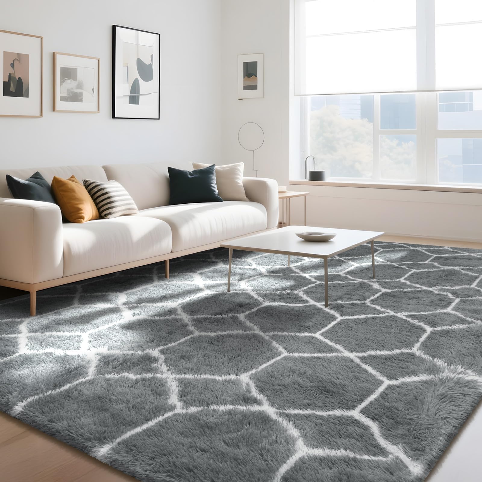 Untimaty Geometric Rugs Living Room - 200x300cm Extra Large Grey White Rug, Ultra Soft Fluffy Shaggy Rug for living room, Washable Anti Slip Area Rug Carpet for bedroom Kid Baby Room Dorm Lounge Decor โ image 1