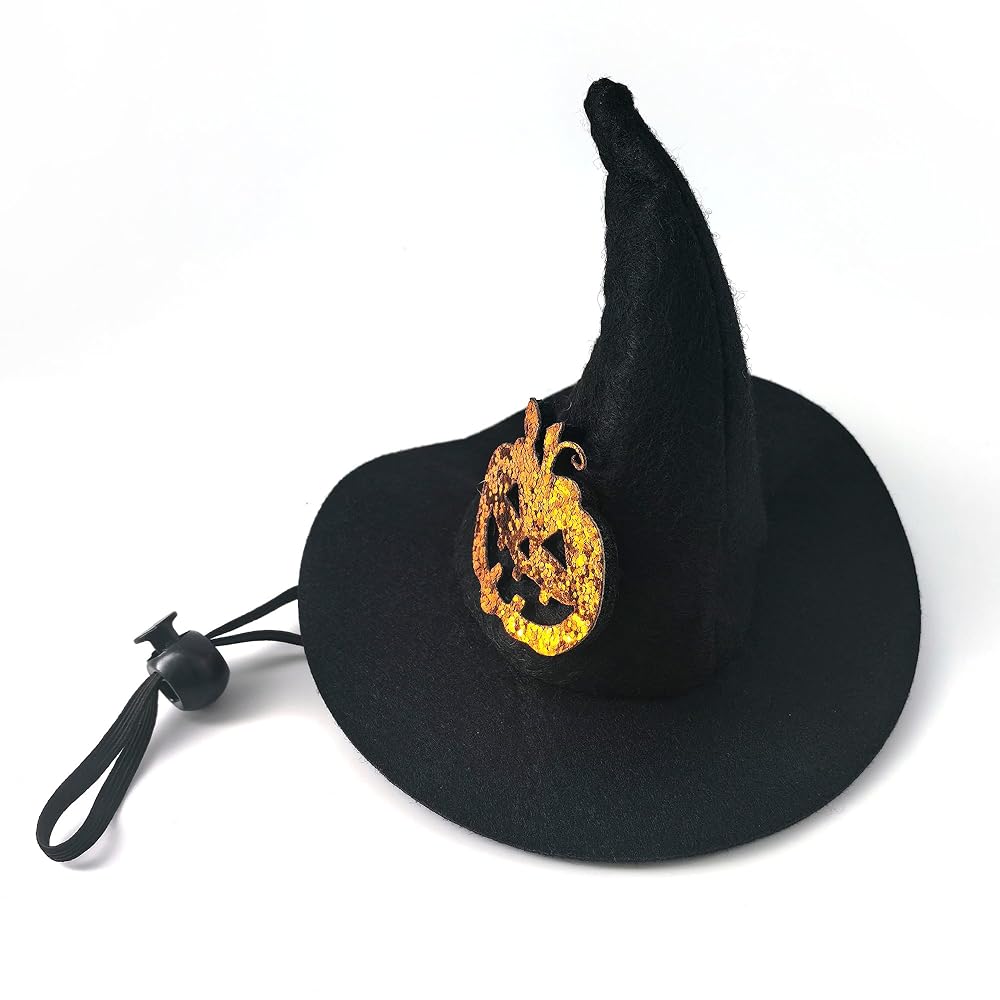 Halloween Pet Costume, Witch Hat for Cats Dogs, Black Adjustable Wizard Hat with Pumpkin Design, Witch Accessories for Small Medium Pets view 2