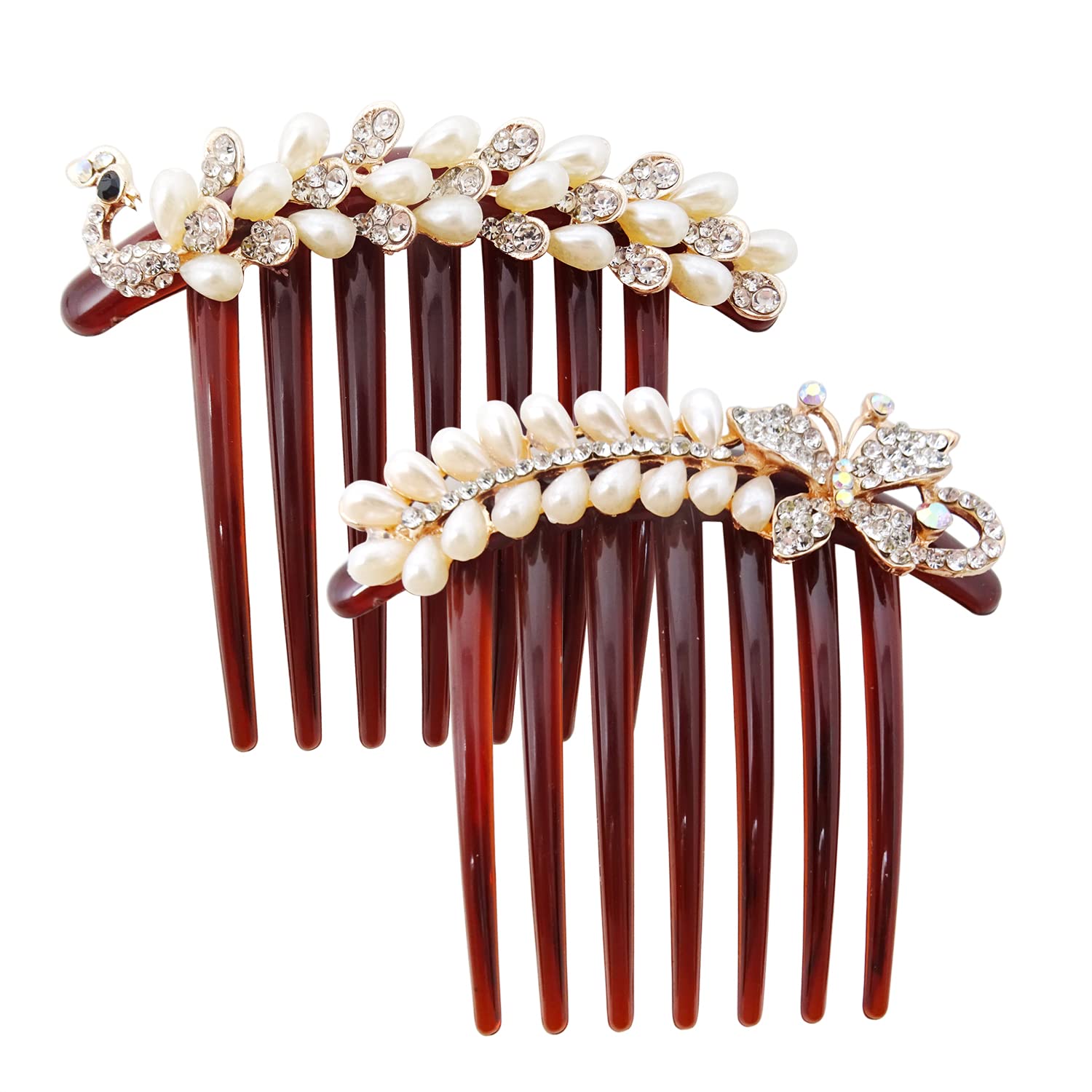 Honbay 2PCS 7 Teeth Arcylic Hair Side Combs Plastic Twist Combs with Pearl Crystal Rhinestone for Women (Butterfly and Peacock)