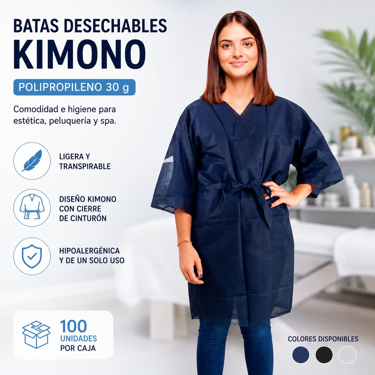 100 Batas desechables kimono de polipropileno 30 g talla única 95 cm, media manga, cierre cinturón, hipoalergénicas, uso estética, peluquería, spa y centros de belleza (Azul marino)