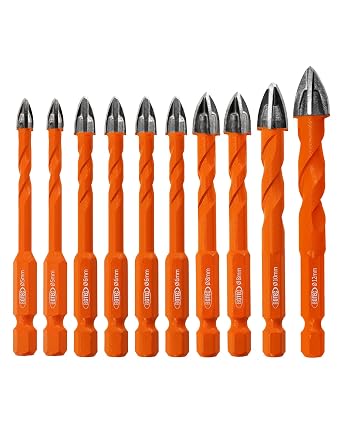 BGTEC Tile Drill Bit Set 10PCS 3/16"-1/2" Masonry Drill Bits for Concrete | Carbide Drill Bits for Ceramic Tile, Porcelain, Brick, Concrete, Glass, Wood, Precision Cross Tip