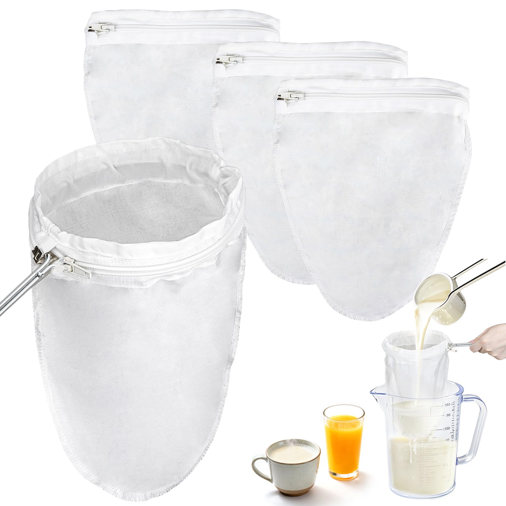 RAINFLOW Fine Mesh Strainer Bags – 3 Reusable Cheese Cloth Bags with Stainless Steel Handle for Straining, Coffee Filter, Nut Milk Bag for Juice, Tea, Yogurt, Kitchen Food Prep