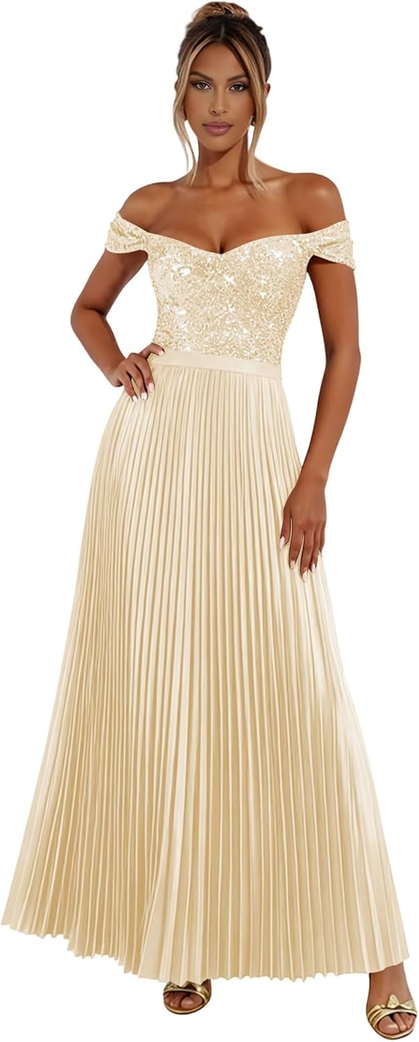 Fashionbride Off Shoulder Sequin Prom Dresses for Women Pleated Satin Formal Dress A Line Evening Gown with Slit AP135