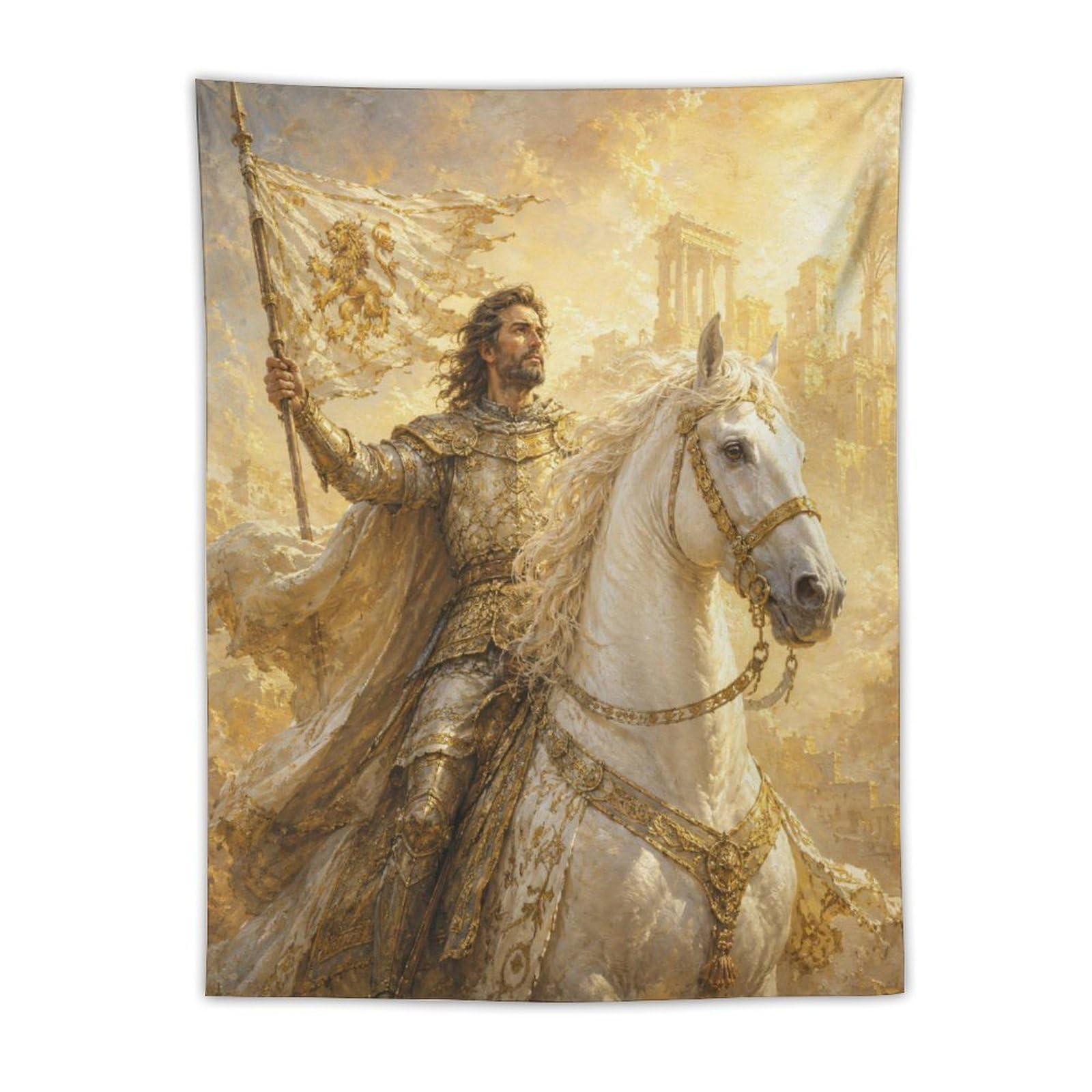 W7C8U2X3 Radiant Knight Wall Tapestry, Renaissance Art Style, Sunlit Ruins