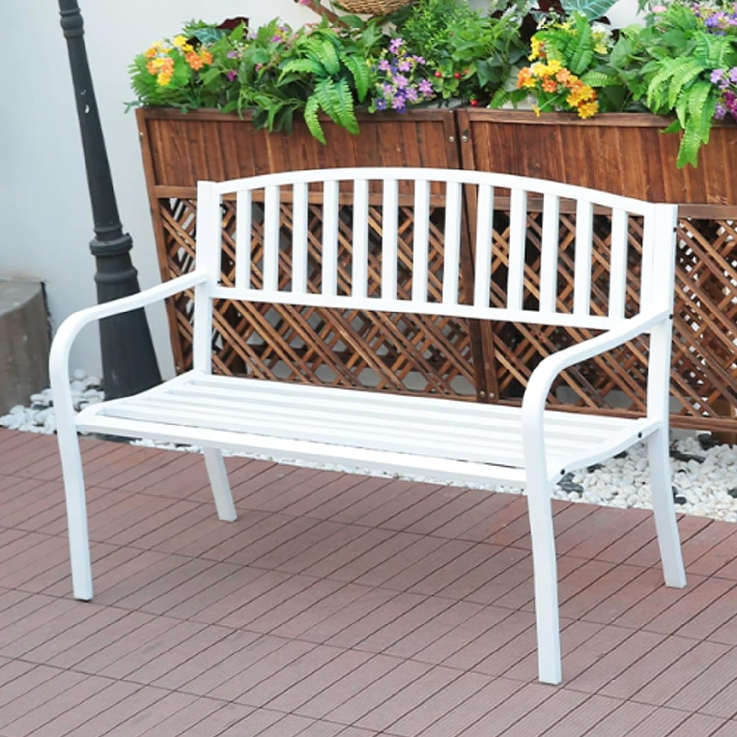 屋外用ベンチは耐候性があり、パティオベンチはスチール製で、玄関ポーチ、庭、芝生、デッキ、公園、バルコニーに最適な耐久性のある快適な椅