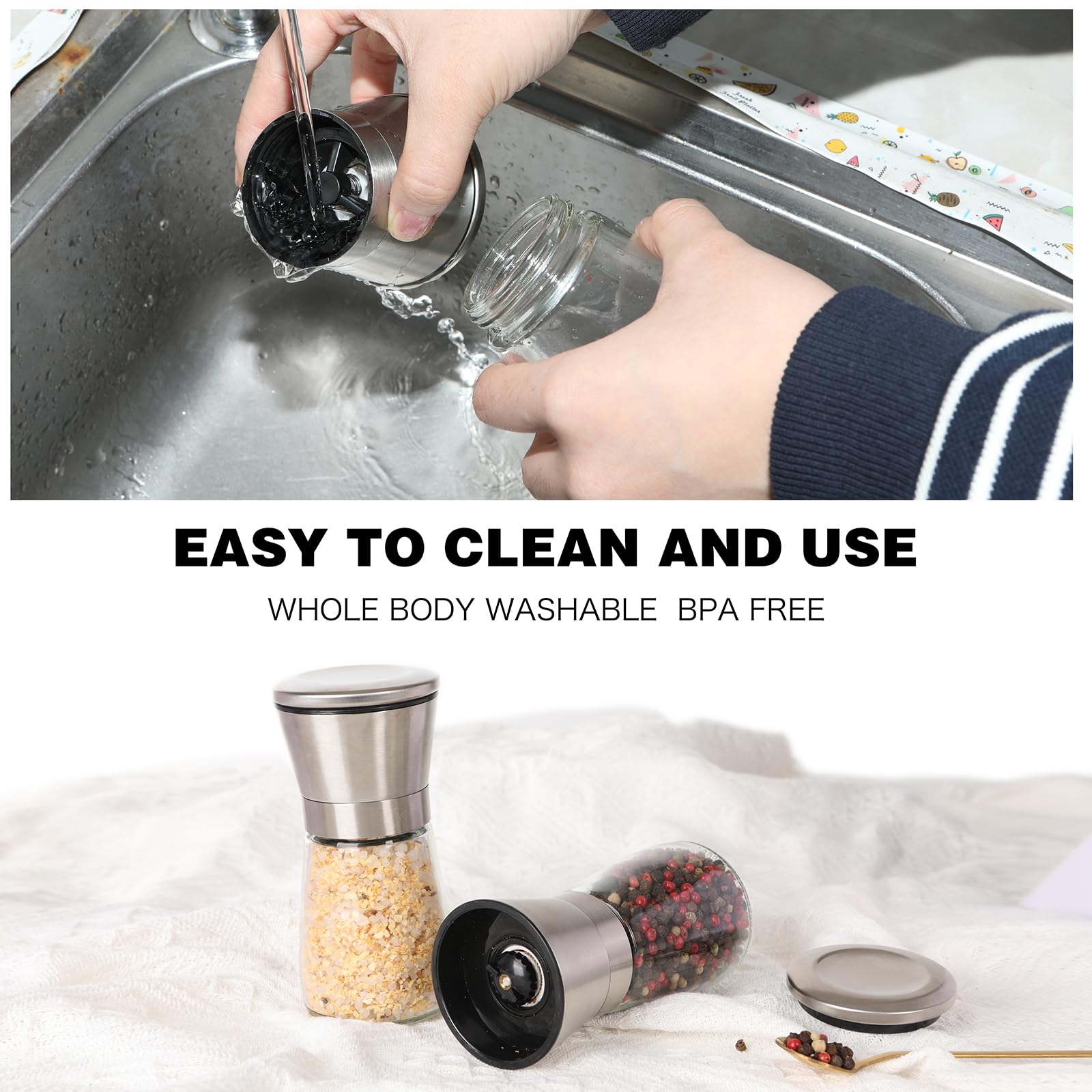 Salt and Pepper Grinder Set Refillable, Salt Pepper Grinder Shaker Stainless Steel Glass Pepper Mill with Adjustable Coarseness — Amazon image 5