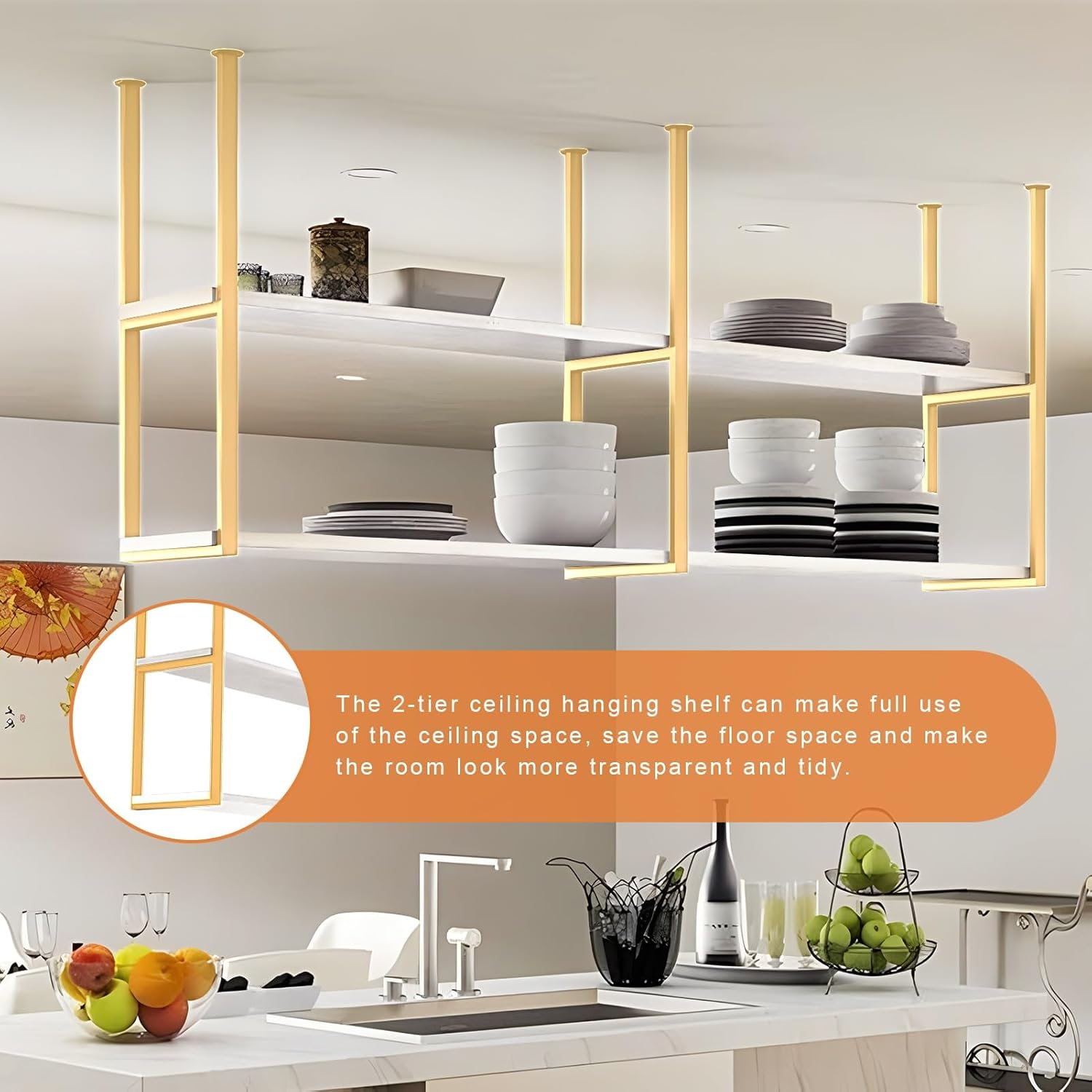 Ceiling Mounted Storage Racks, 2 Layer Floating Pan Pot Shelves Flower Stand Wine Glass Holder for Kitchen/Bars/Living Room/Restaurants/Balcony, Industrial Hanging Display Rack (Size : 140x30x80cm)