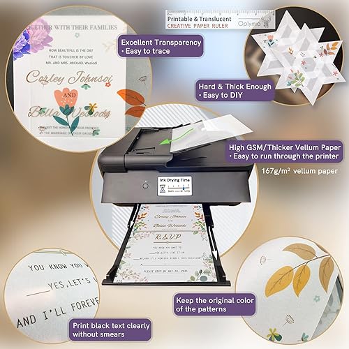Miniatura 4 de Oplymio - Papel de vitela translúcido grueso, 42 hojas de papel de vitela imprimible de 167 GSM para invitaciones, sobres, estampado de calor,
