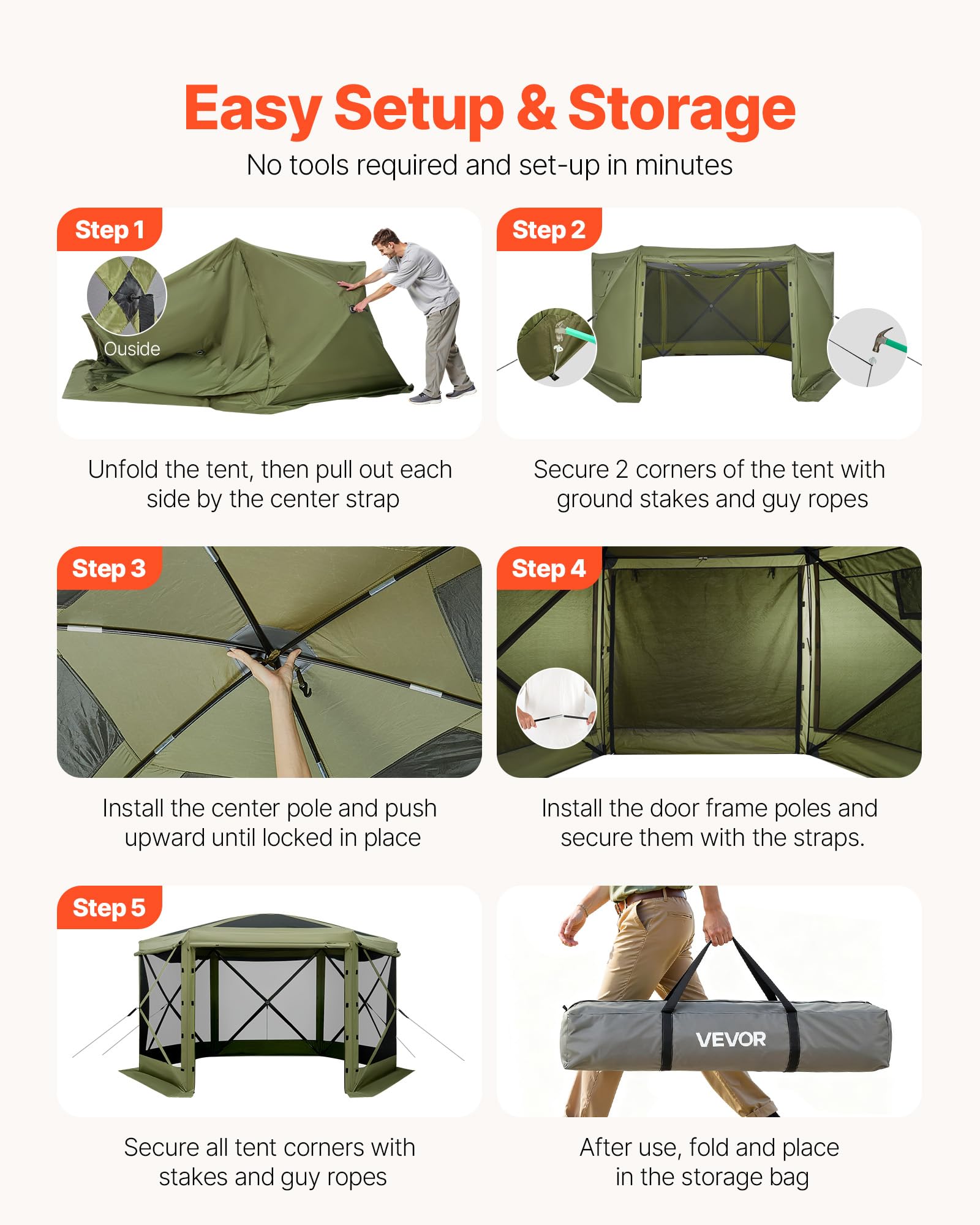 VEVOR Carpa Plegable de 6 Lados 3 x 3 m, Pérgola de Jardín con Techo Desmontable y Bolsa de Transporte, Carpa de Exterior para 6 a 8 Personas, para Fiesta, Camping, Playa, Patio, Jardín, Verde